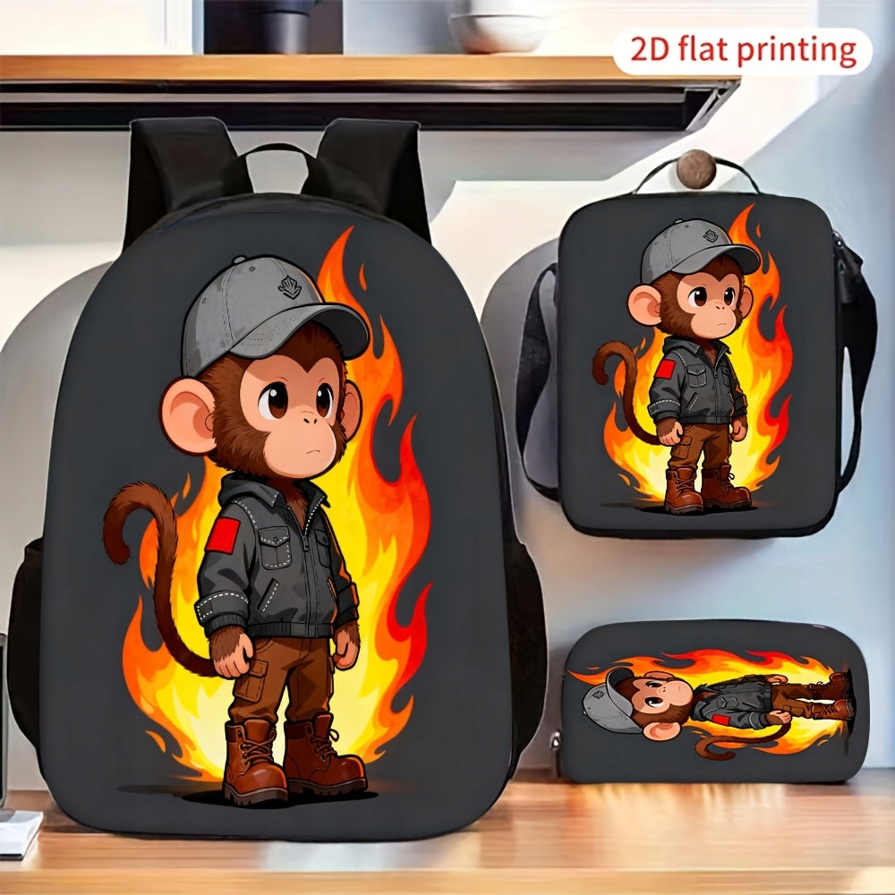 Cool Cartoon Monkey Flame Print Backpack Set - Fashionable & Portable