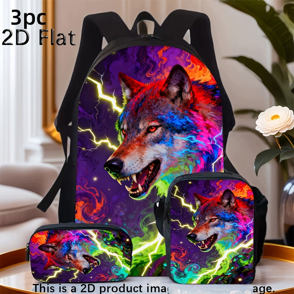 Cool Colorful Lightning Wolf 3-Piece Backpack Set - Trendy Animal Print