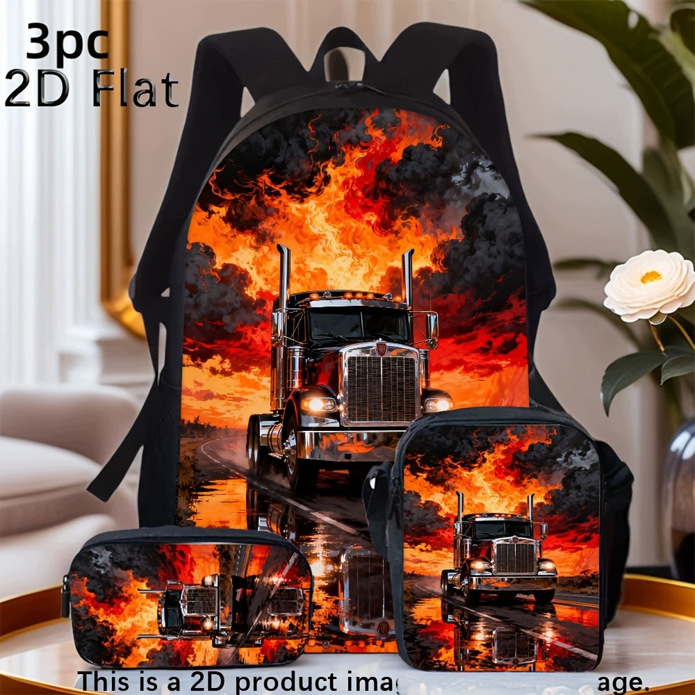 Cool Flame Fire Truck Print 3-Piece Fashion Backpack Set with Pouch