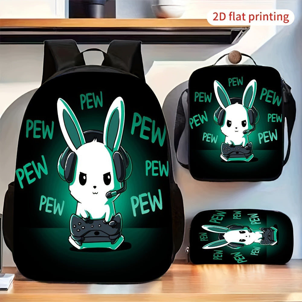Cool Gaming Rabbit PEW Print 3-Piece Backpack Set with Lunch Bag and Pencil Case