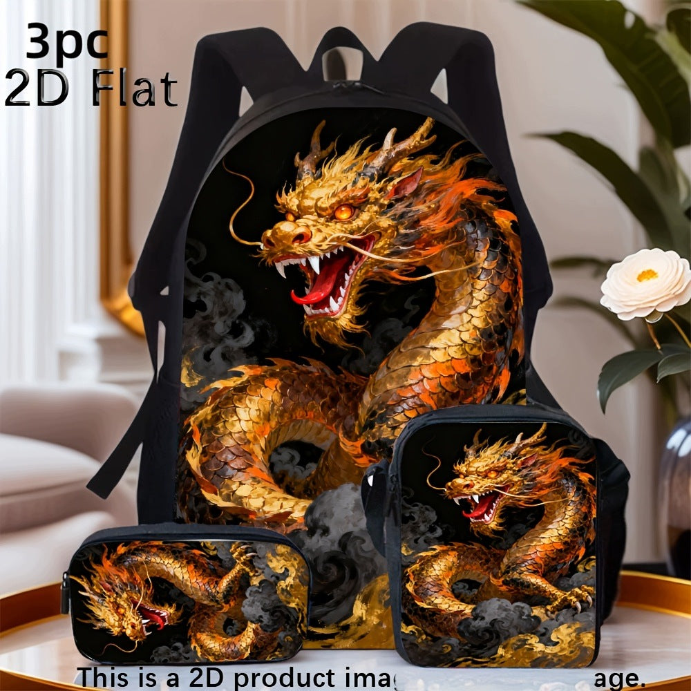 Cool Golden Dragon Print 3-Piece Backpack Set