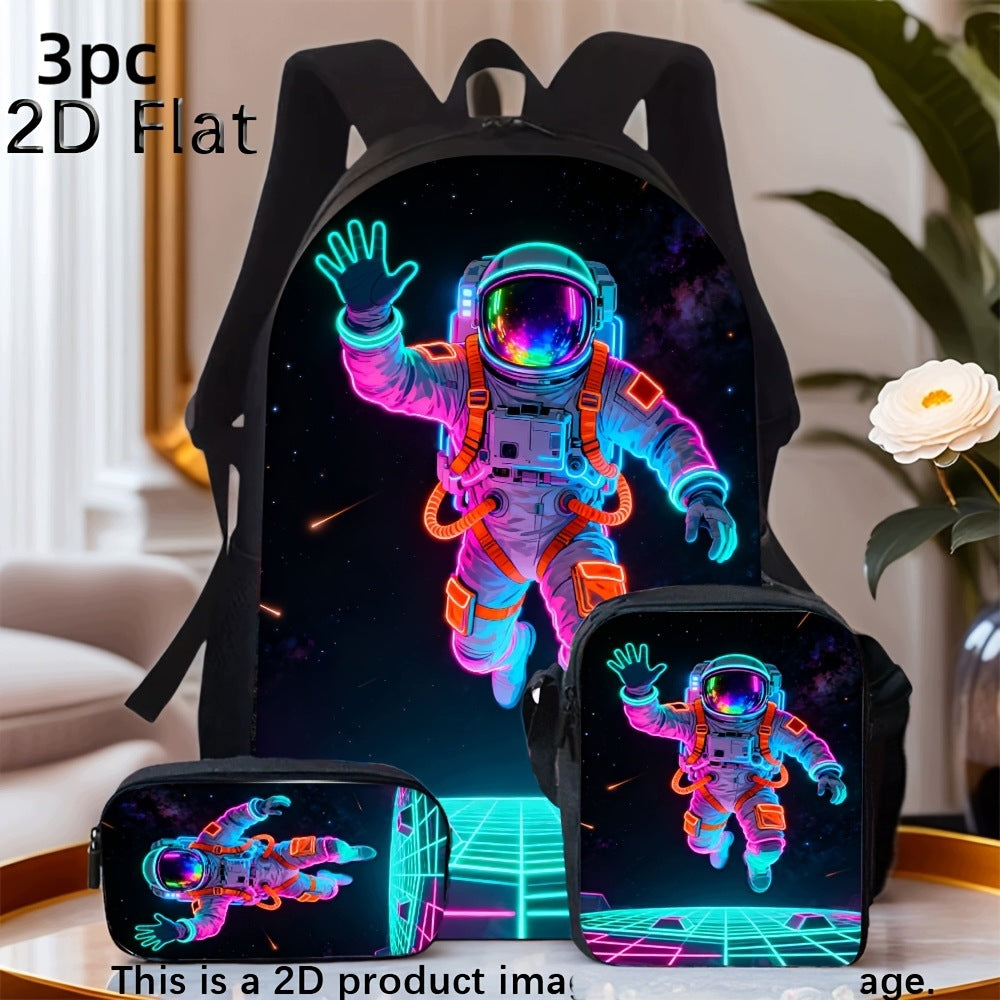Cool Neon Glow Astronaut Space Pattern Backpack Set with Pouch and Crossbody Bag