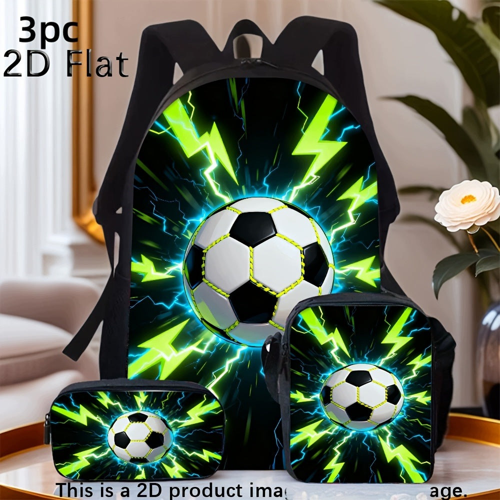 Cool Soccer Green Lightning Print 3-Piece Backpack Set with Crossbody Bag and Pencil Case