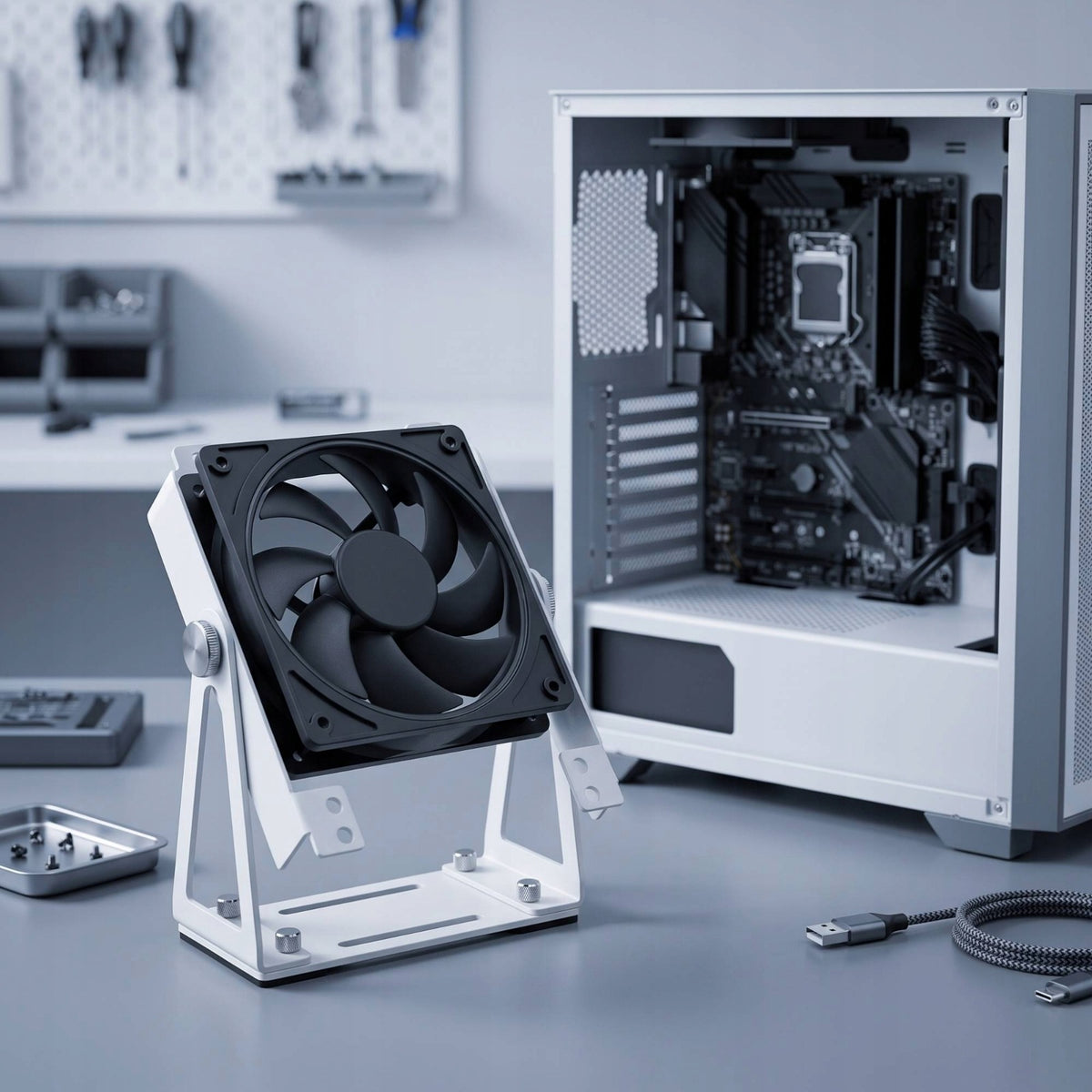 Cooling Fan Bracket with Rotating Mount Adjustable for Workbench, Gamers Packaging status original