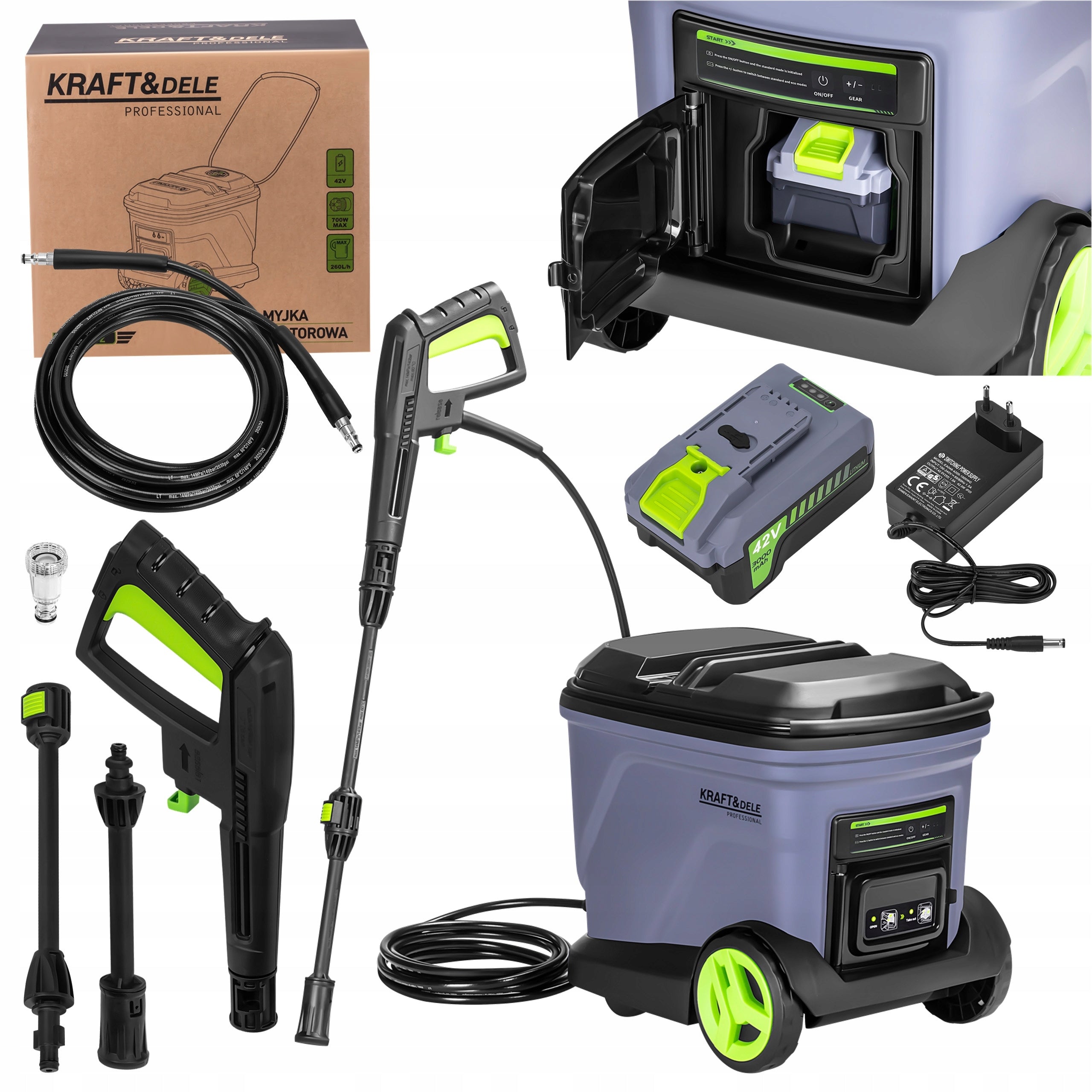 Cordless Pressure Washer 700W 42V 3000 mAh 200 Bar 260l/h Kraft&Dele