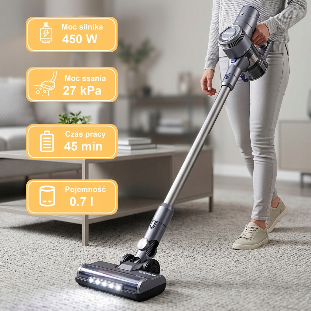 Cordless Vertical Vacuum Cleaner BERGMANN HAX 120 450W LED Electrobrush Dust container volume 0.7 l