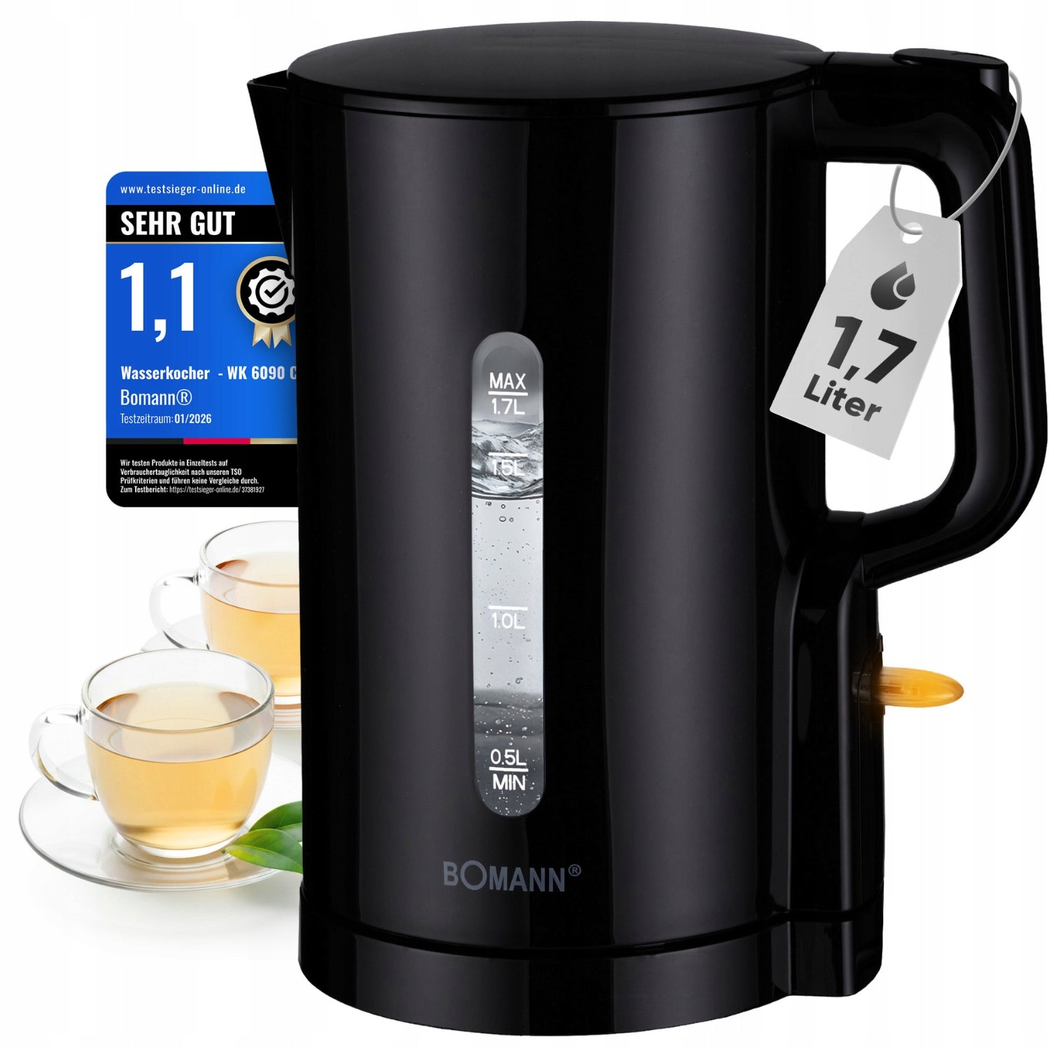 Cordless electric kettle 1.7 L Bomann WK 6090 CB Lightweight 2200 W Brand Bomann