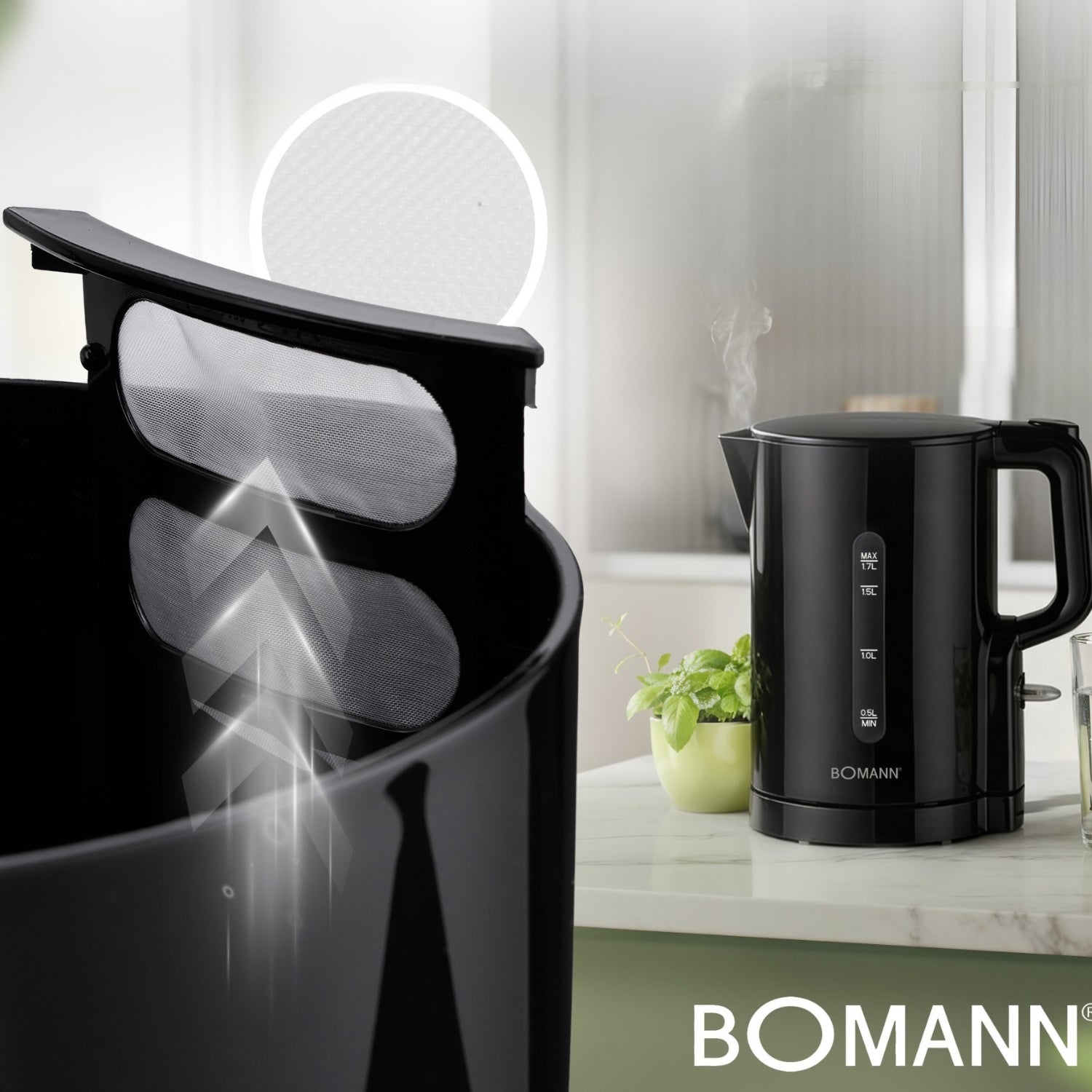 Cordless electric kettle 1.7 L Bomann WK 6090 CB Lightweight 2200 W Dominant color black