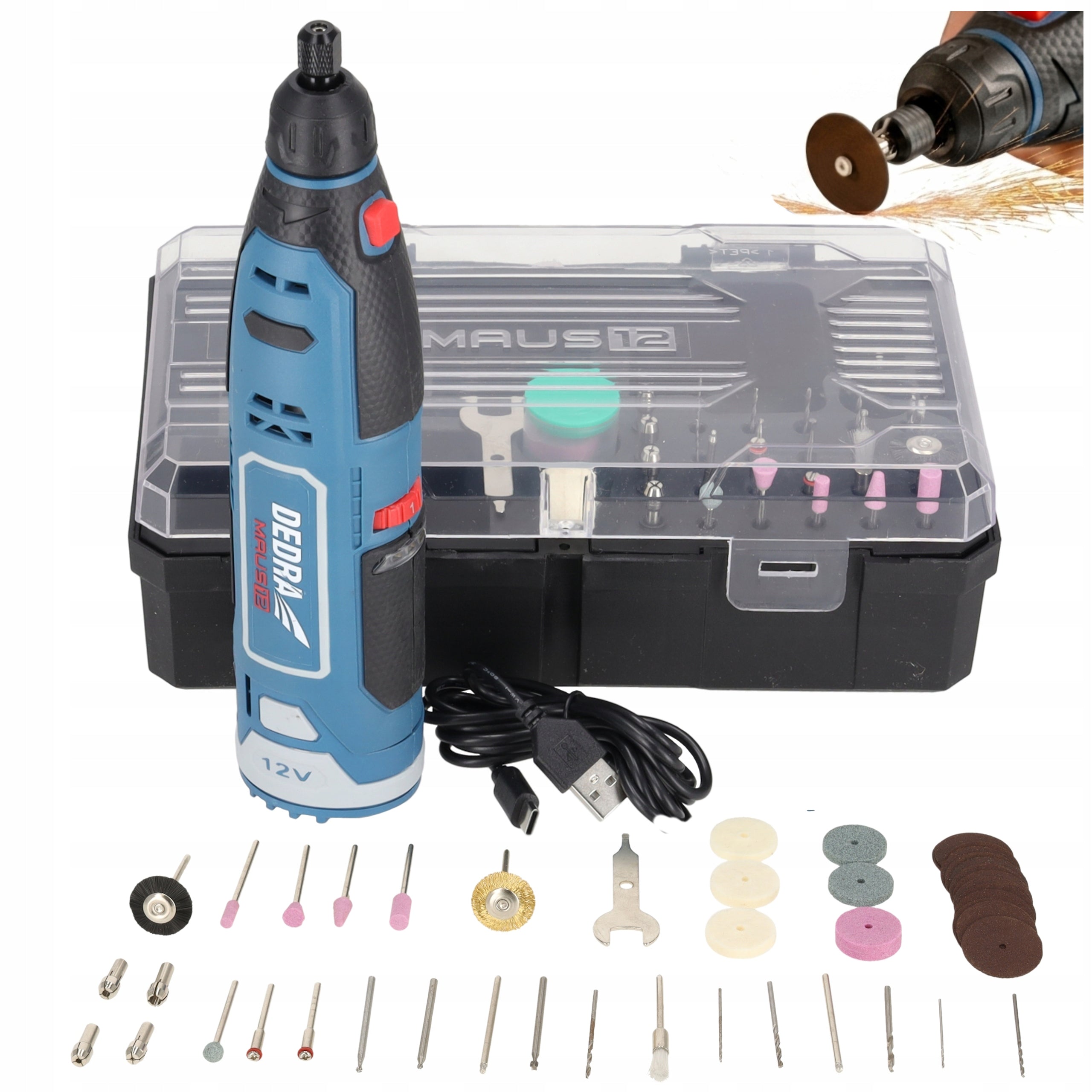 Cordless mini grinder 12V DEDRA MAUS rechargeable battery 2.0 Ah, USB-C set