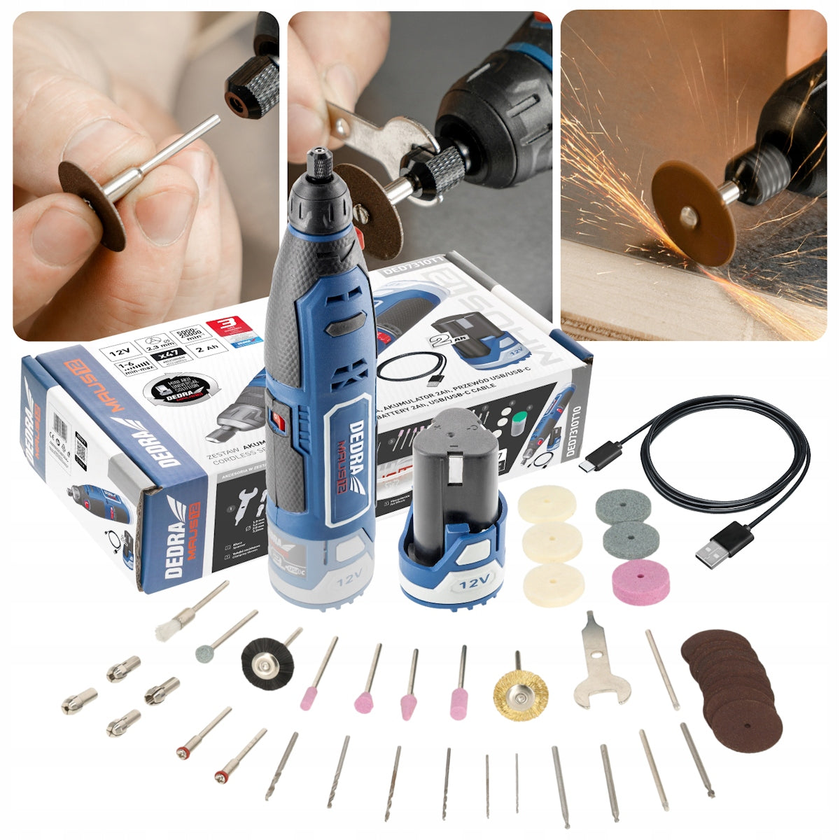 Cordless mini grinder 12V DEDRA MAUS rechargeable battery 2.0 Ah, USB-C set