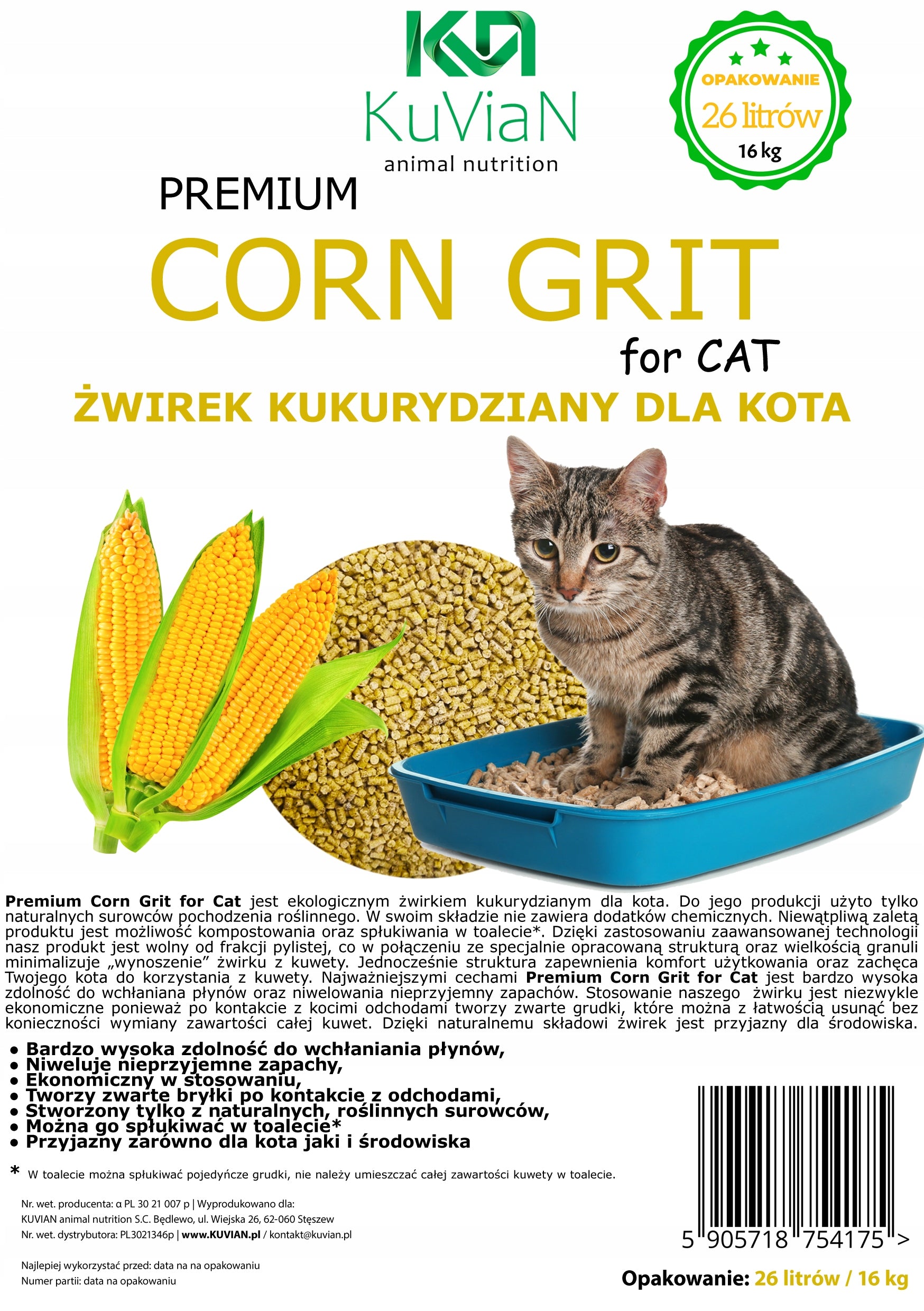 Corn Litter 26 Liters Natural Cat Gravel Clumping Ground Brand KUVIAN