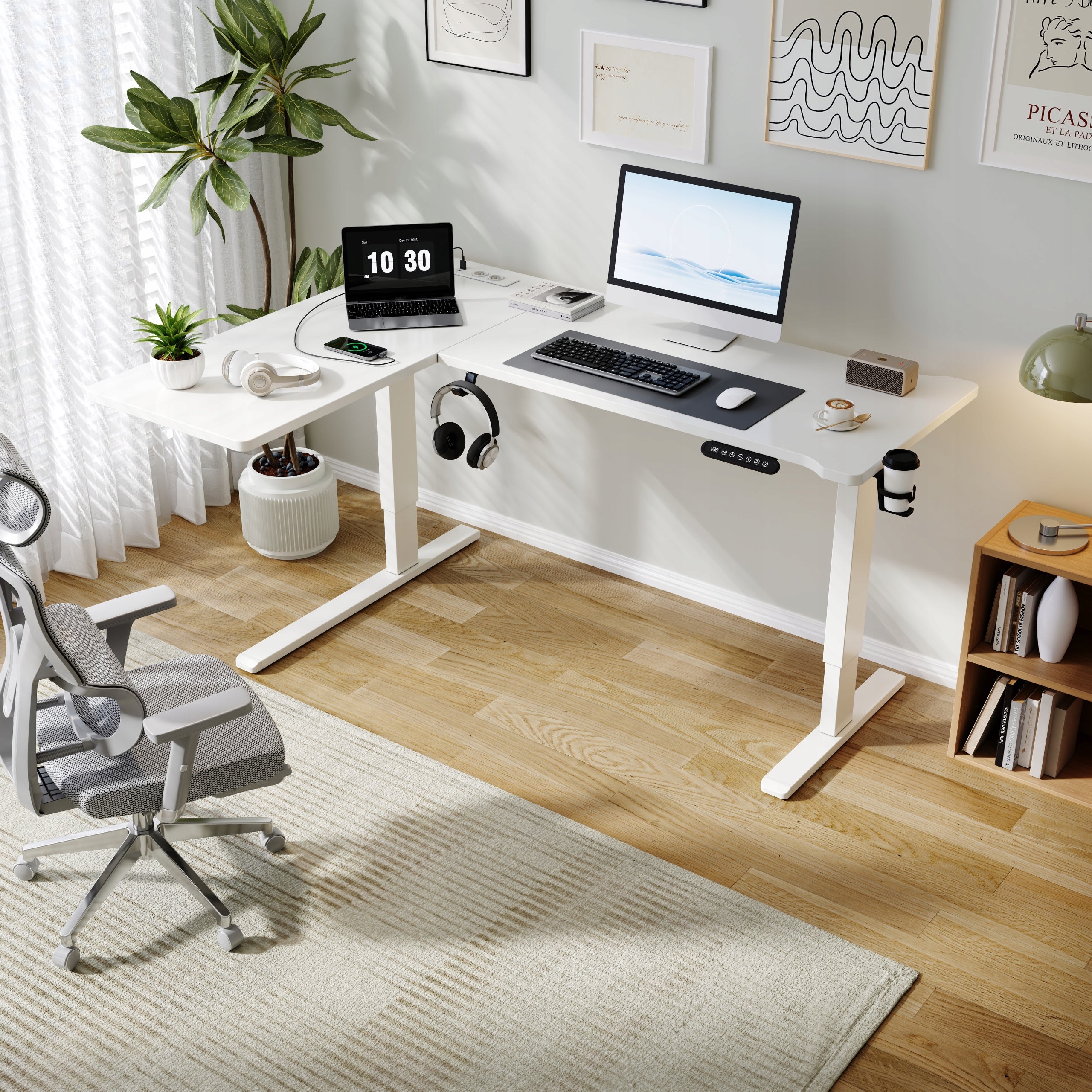 Corner Desk Electric Height Adjustment L-Shaped USB Sockets
