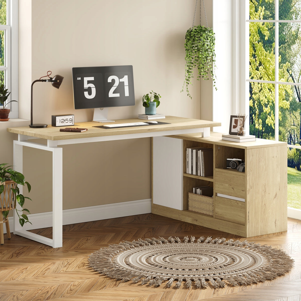 Corner Desk L-Shaped 152x113cm Loft Metal MDF 2 Drawers Cabinet Oak
