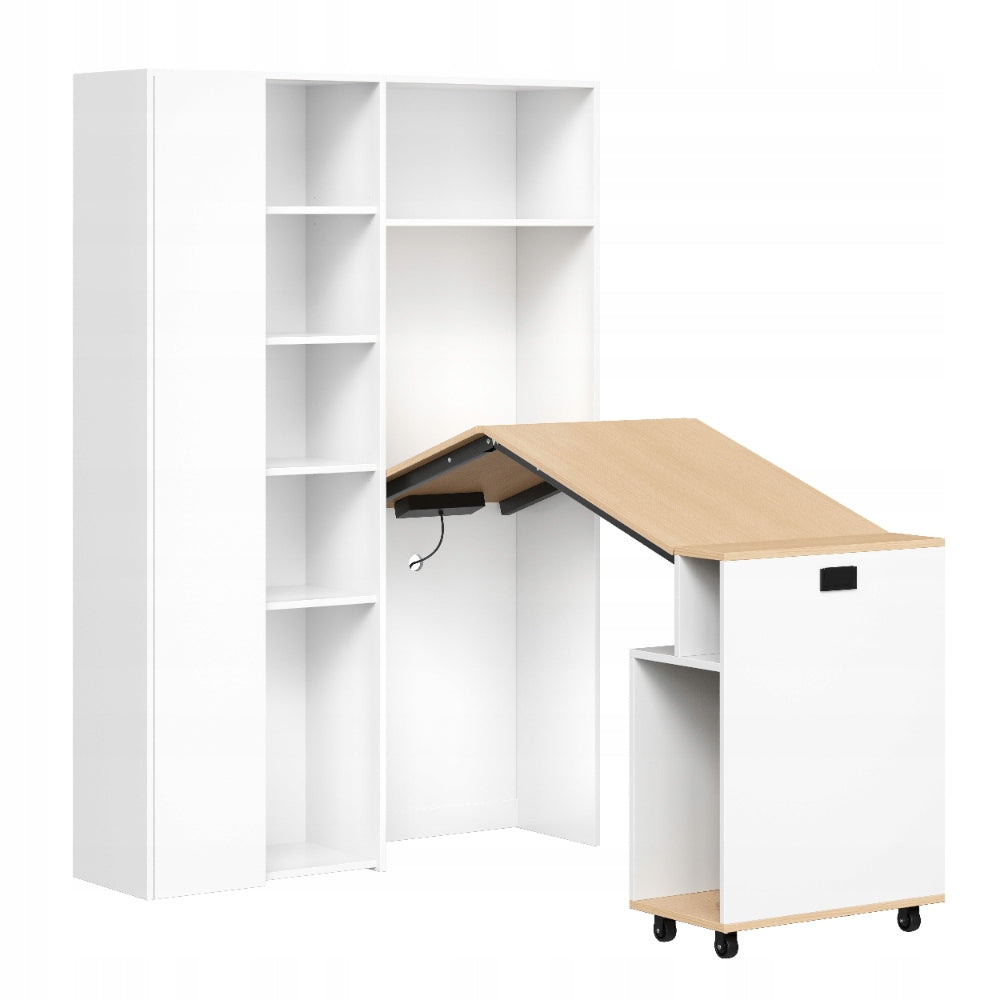 Corner Folding Desk with 2-in-1 Bookcase White with USB Sockets and Ports