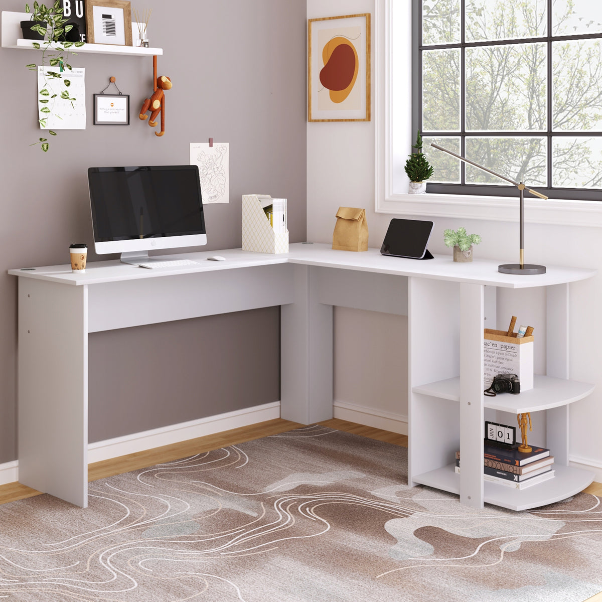 Corner desk L-shaped, 140 cm, white, 2 shelves