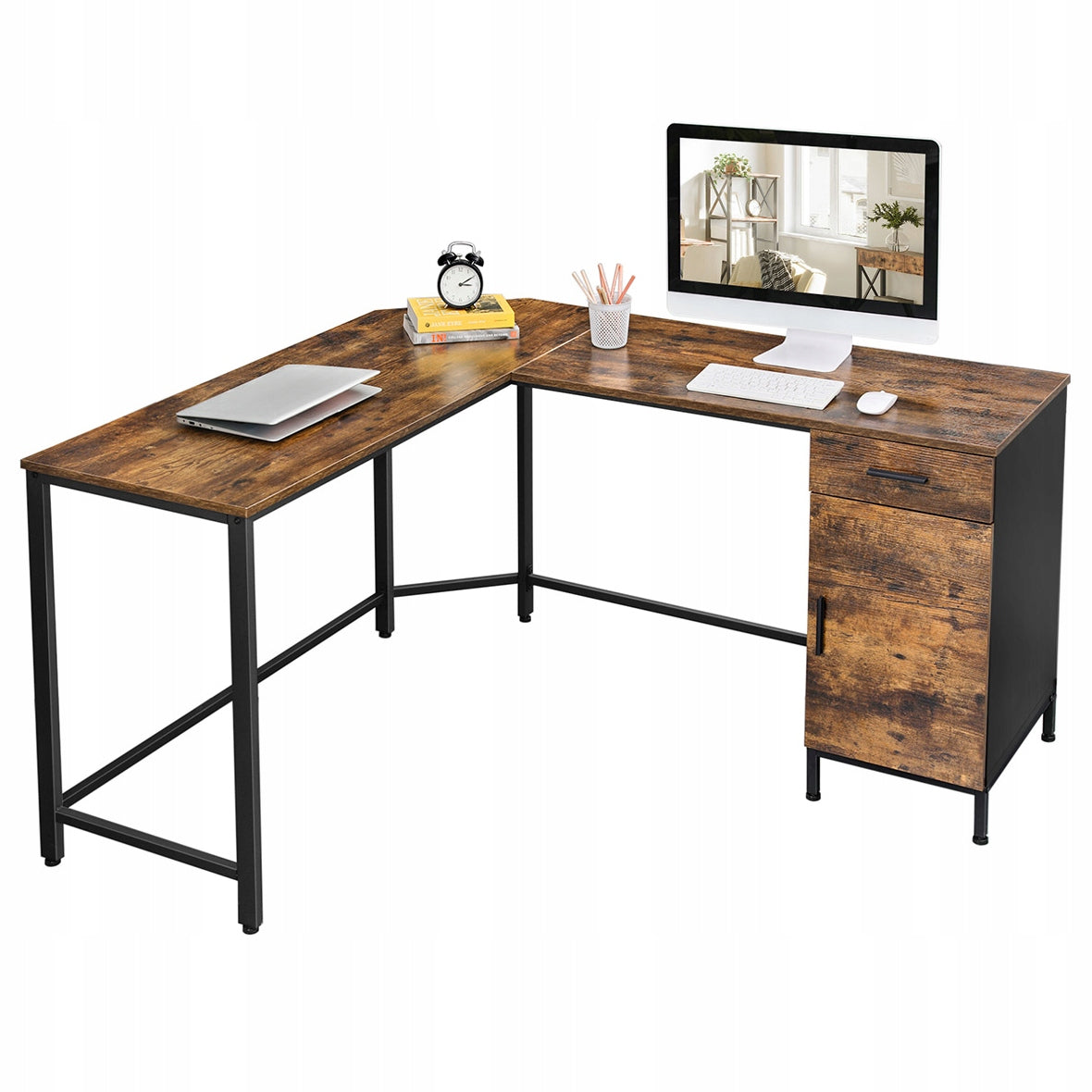 Corner industrial desk, loft cabinet, shelves, brown Brand Songmics