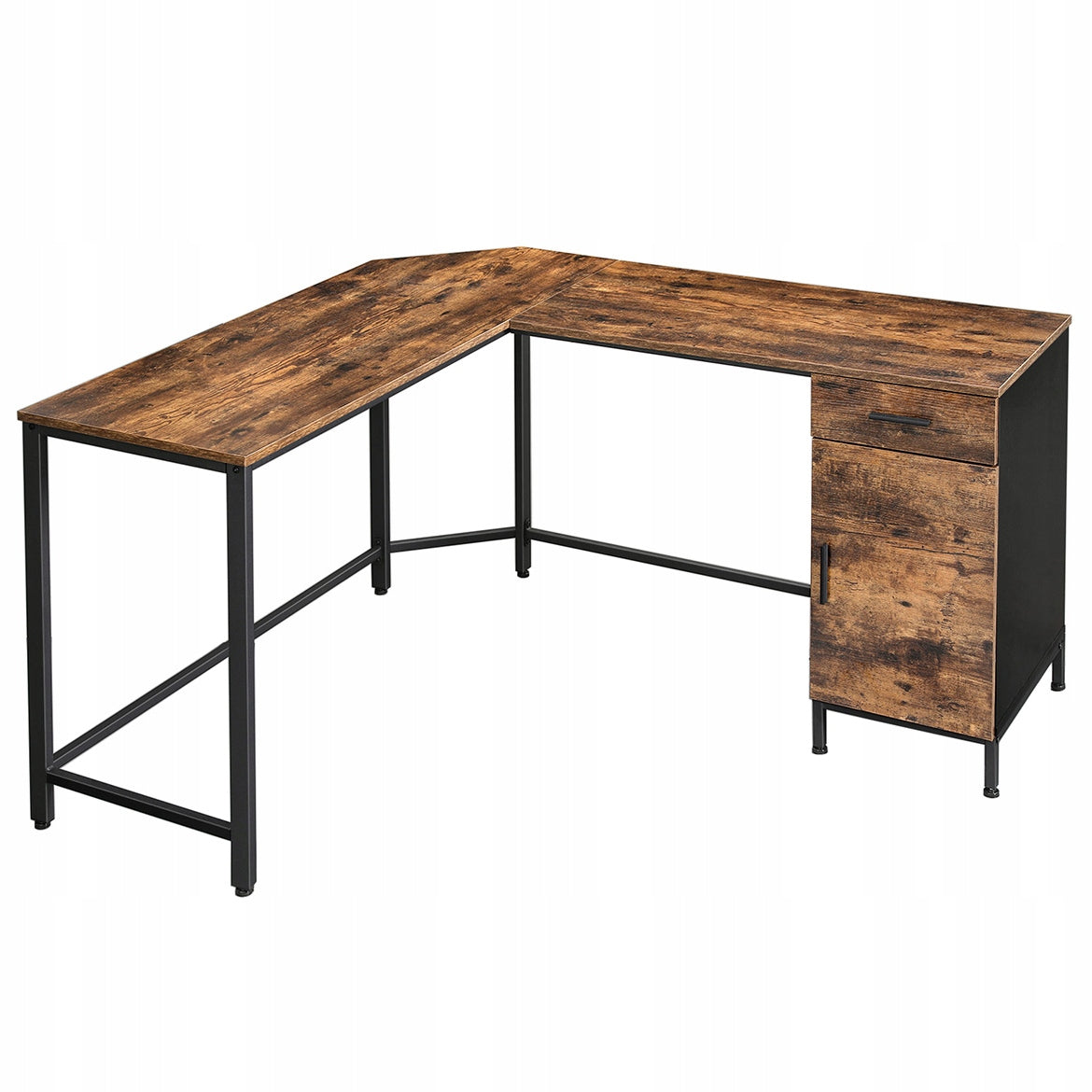Corner industrial desk, loft cabinet, shelves, brown