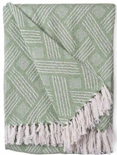 Cotton BEDSPREAD Green White tassels 125x150 for couch BLANKET BOHO ETHNO