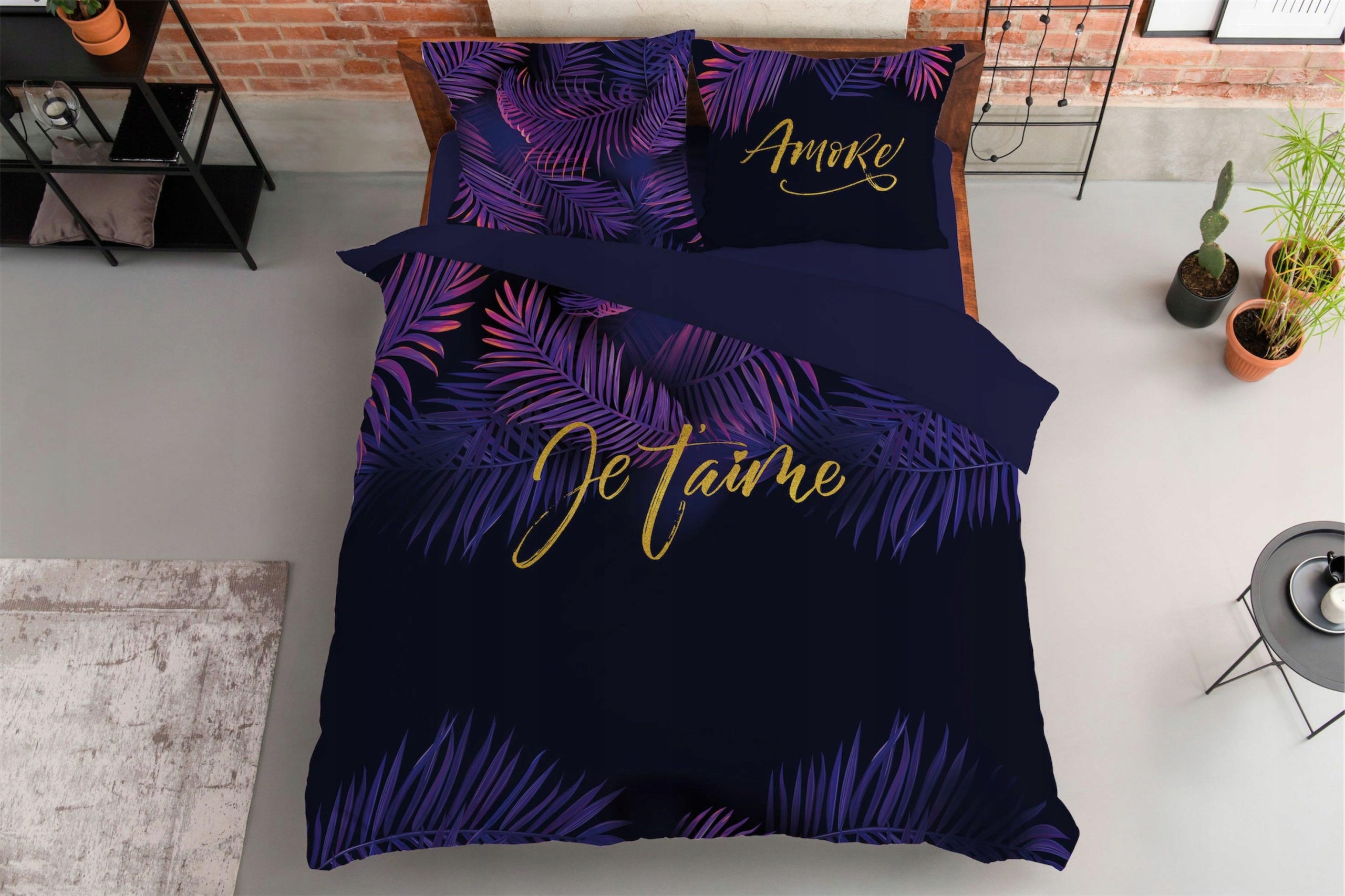 Cotton bedding 220x200 Je t`aime purple leaves black navy blue