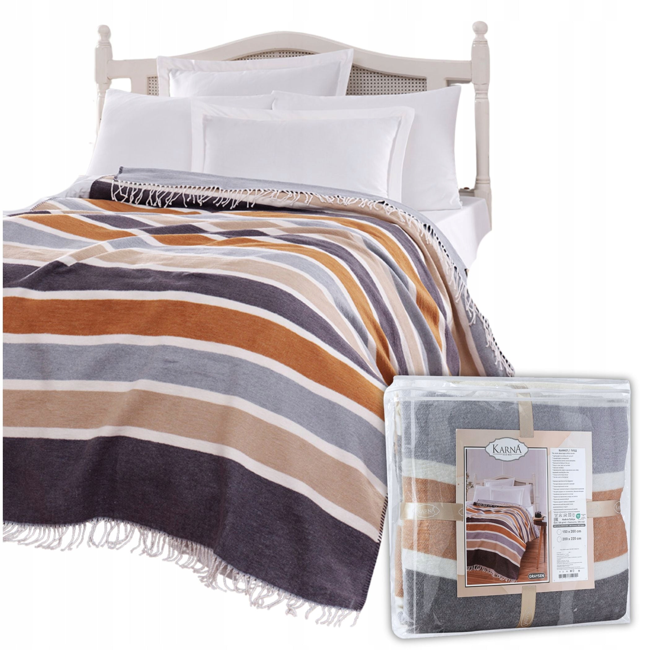 Cotton blanket 200x220 cm with fringes bedspread LARGE soft boho GRAYSEN