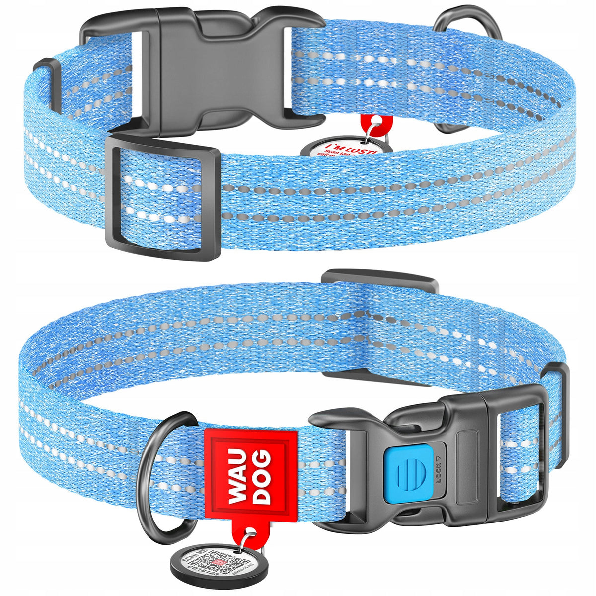 Cotton dog collar, with QR code, blue, size M, 28-40 cm 20 mm
