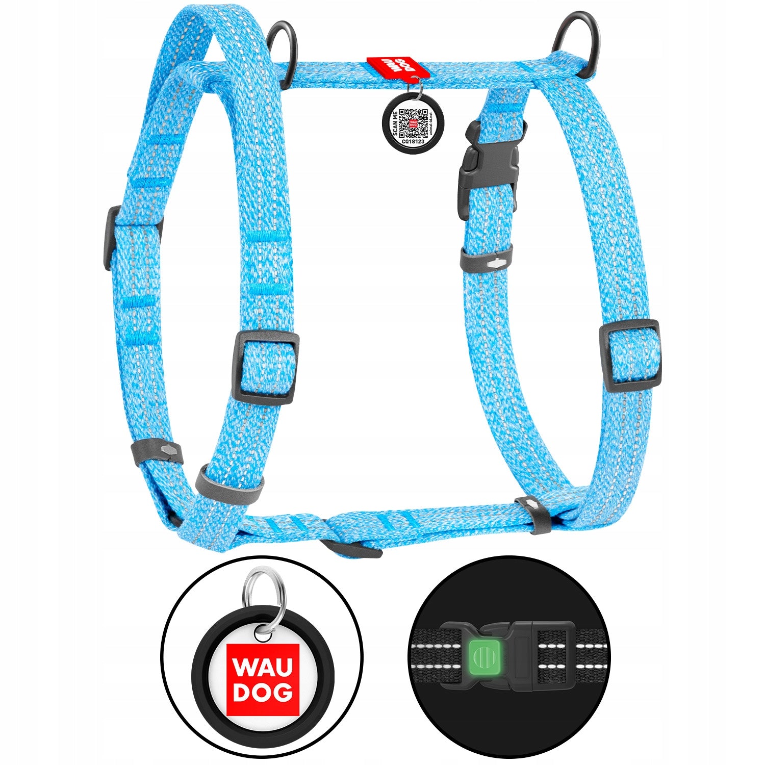 Cotton dog harness + QR ADDRESS FREEBIE, reflective, blue, r.S