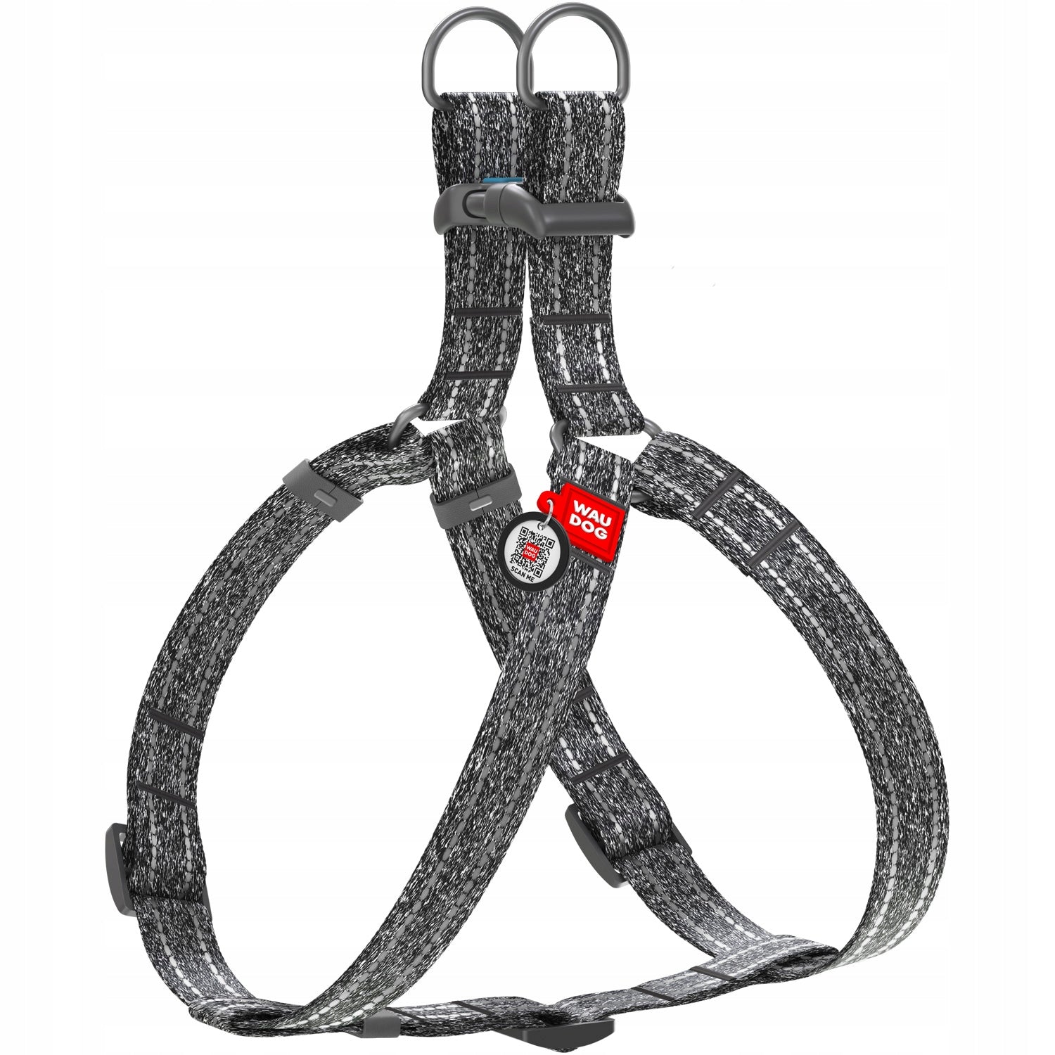 Cotton dog harness, reflective, with QR code, grey, size S