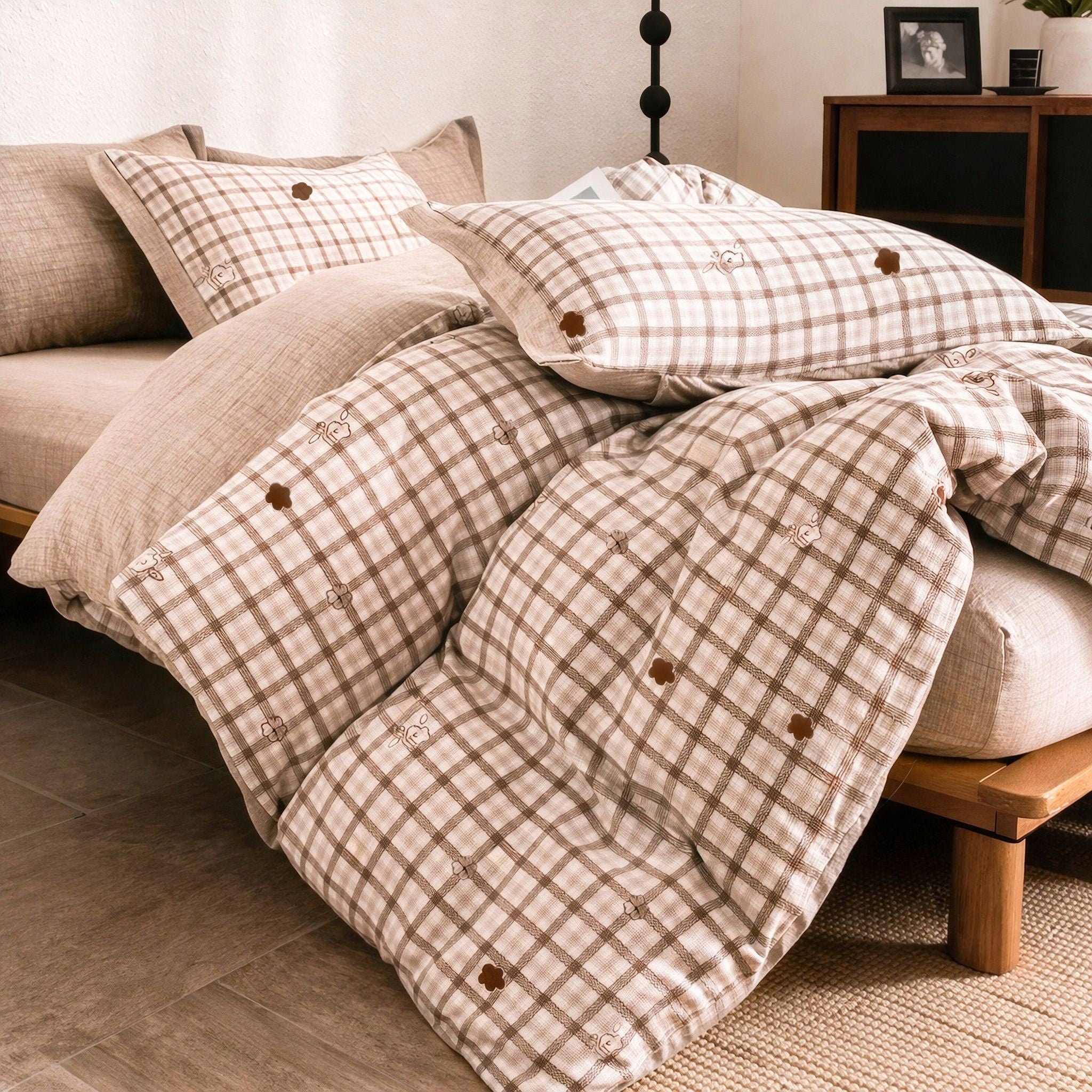 Cotton-linen bedding 180×200 cm, 4-piece, beige checkered Packaging status original