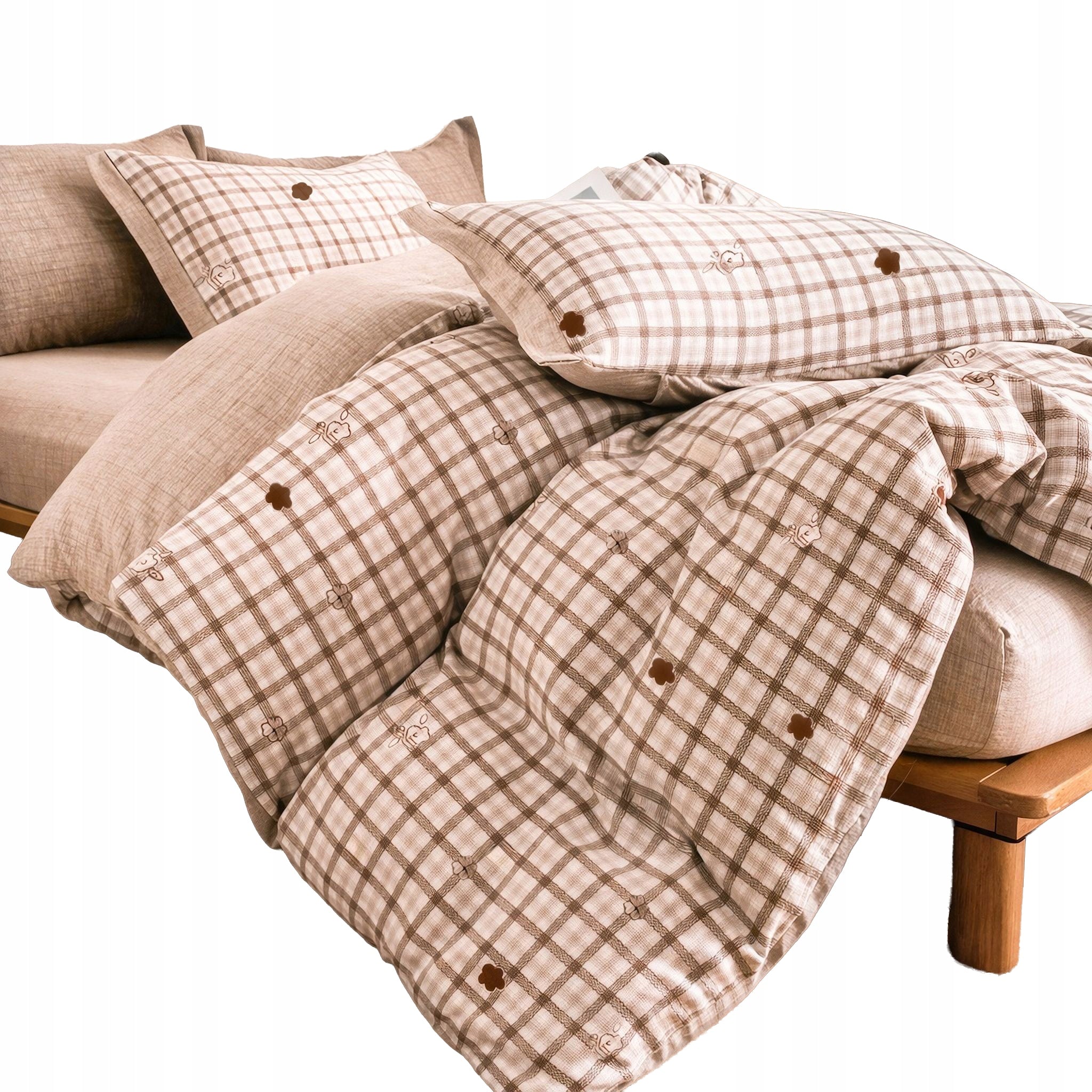 Cotton-linen bedding 180×200 cm, 4-piece, beige checkered