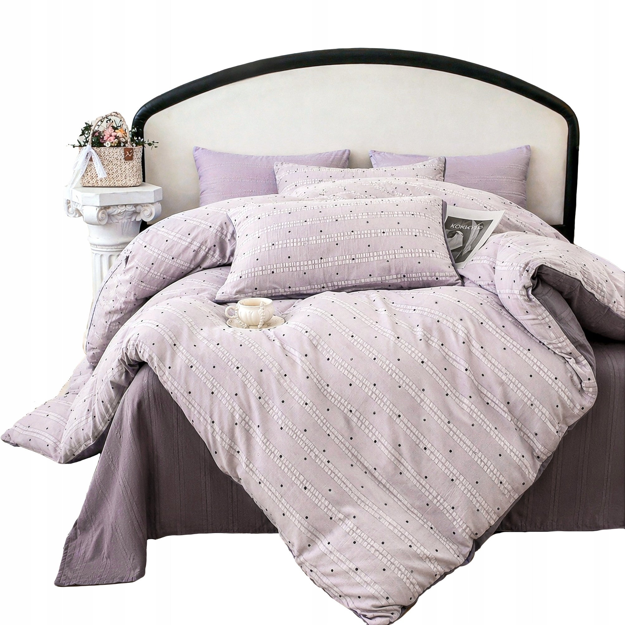 Cotton muslin bedding 180×220 cm, 4-piece, light purple with dots