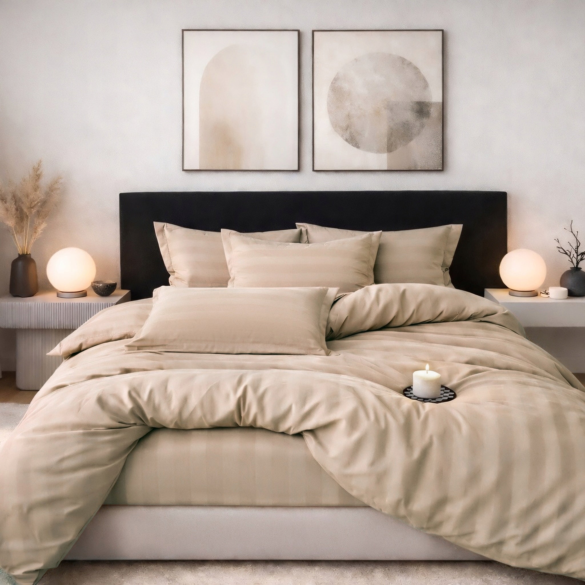 Cotton satin bedding 180×220 cm, 4-piece, light brown striped Packaging status original