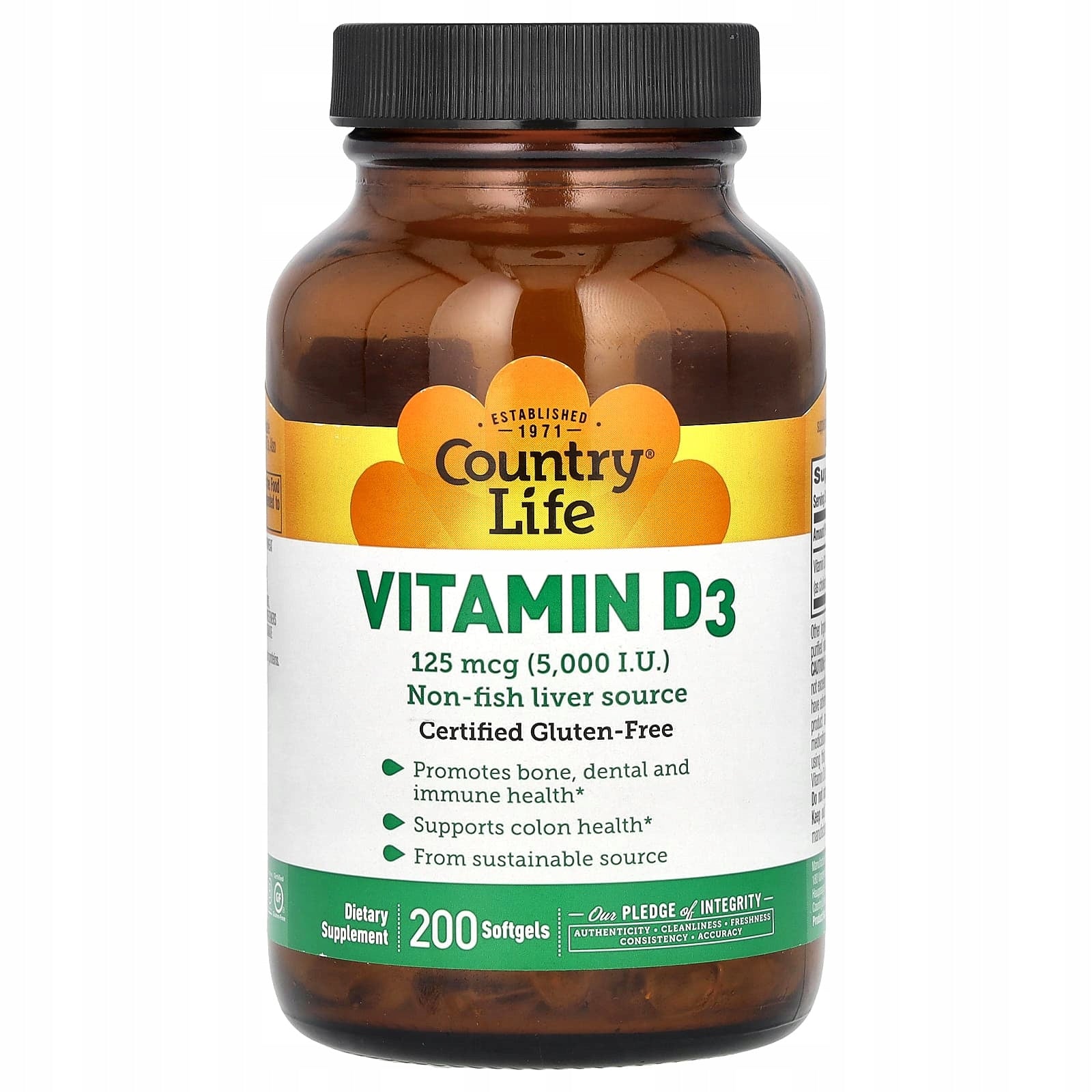 Country Life, Vitamin D3, 125 mcg (5,000 IU), 200 soft capsules