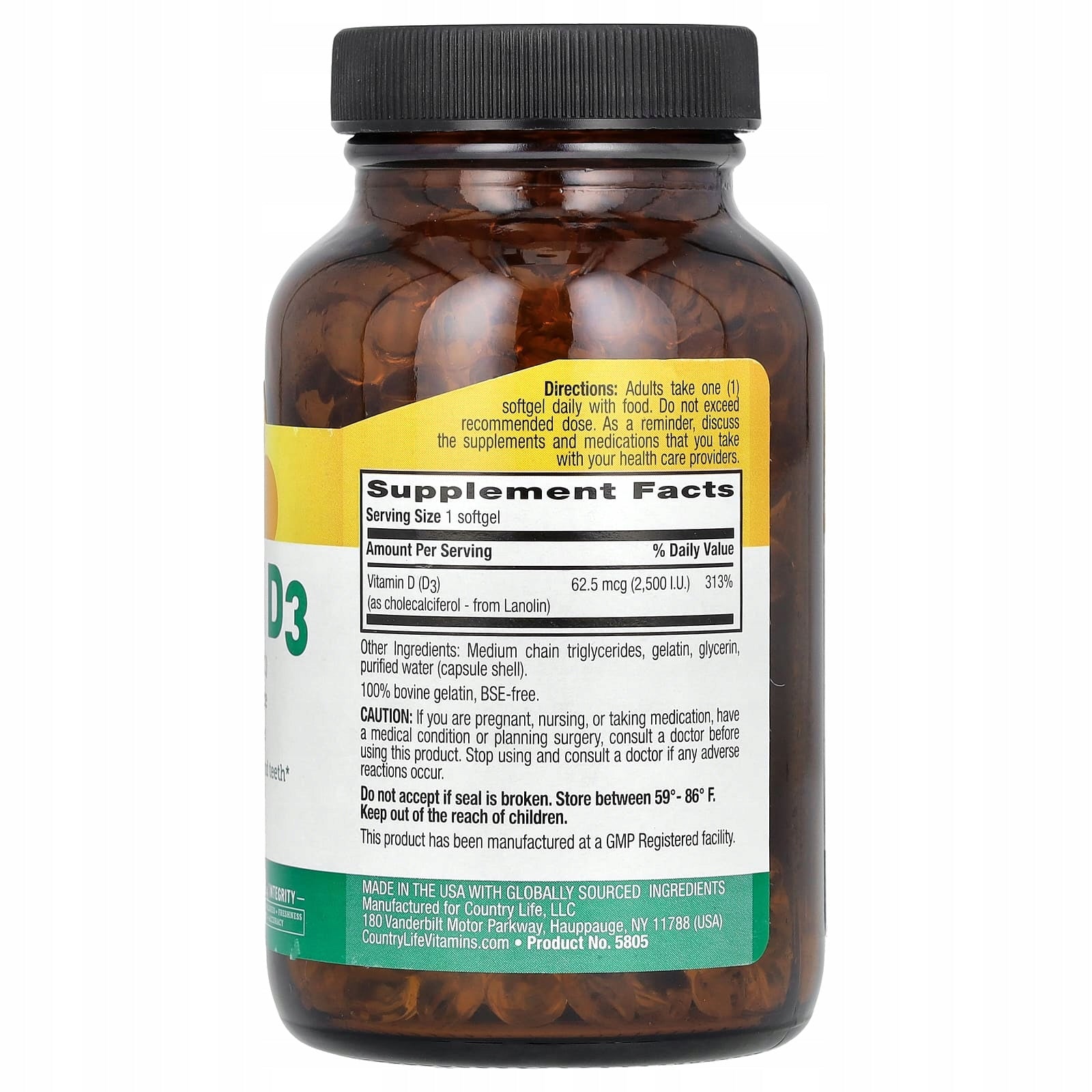 Country Life, Vitamin D3, 62,5 µg (2500 IU), 200 soft capsules Expiration date at least 3 months from the date of purchase