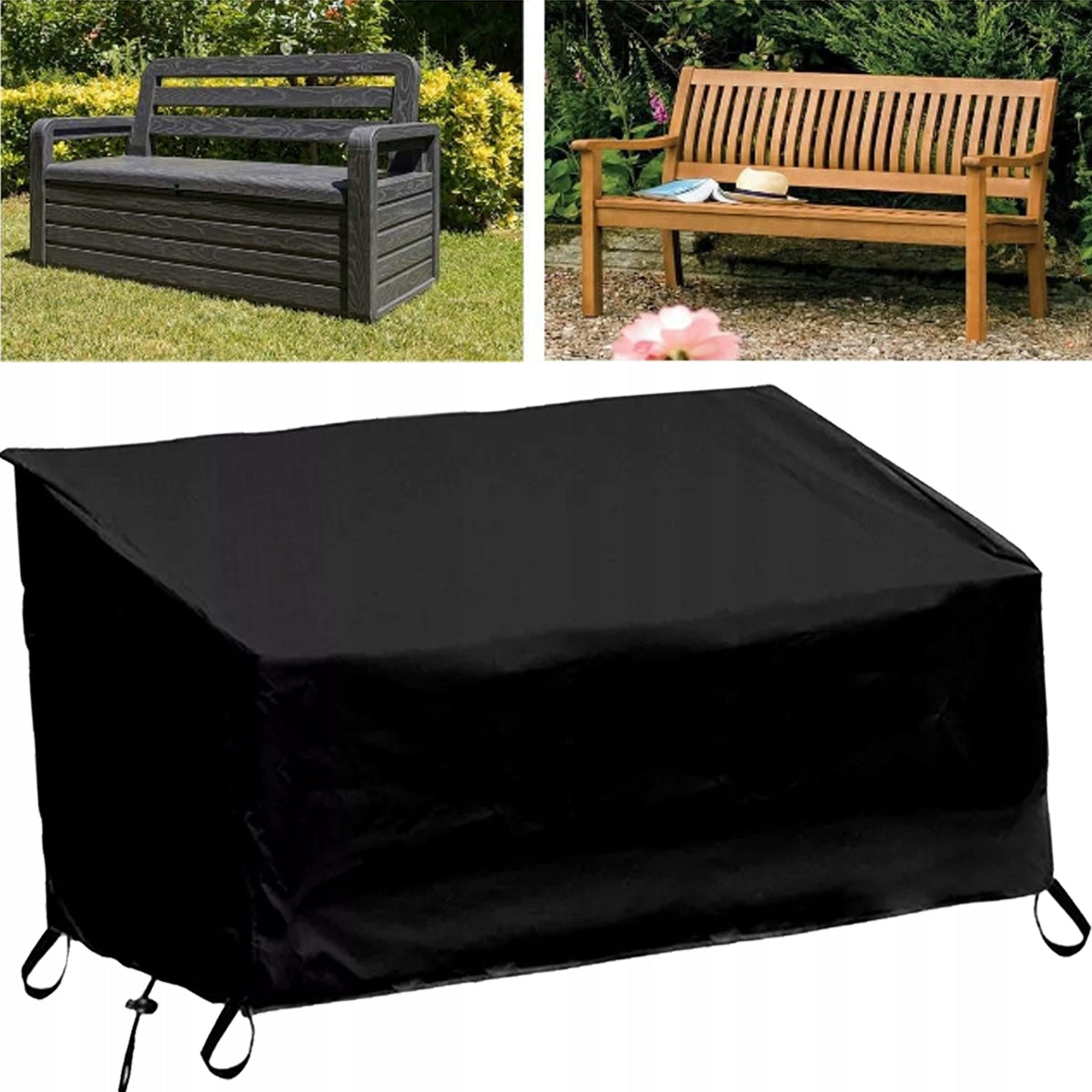 Cover for garden bench, protecting against wind and rain.
