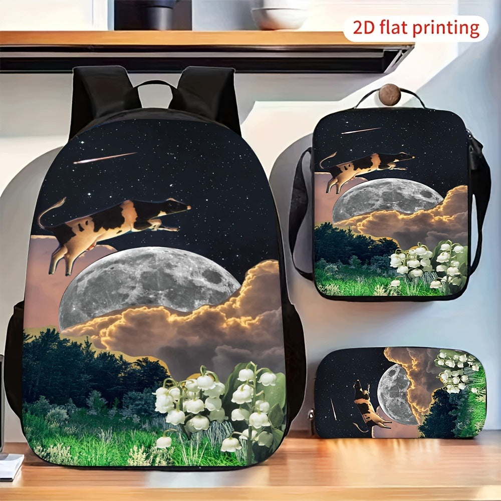 Cow Jumping Over Moon Night Sky Floral Print Backpack Set