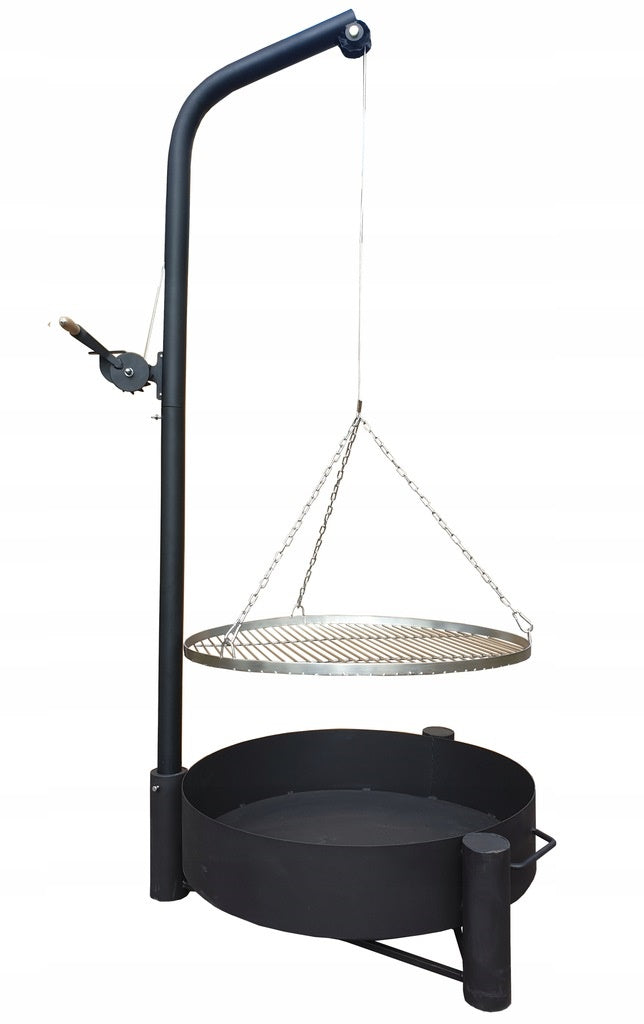 Crane garden grill on boom stainless steel grate 70 cm tripod