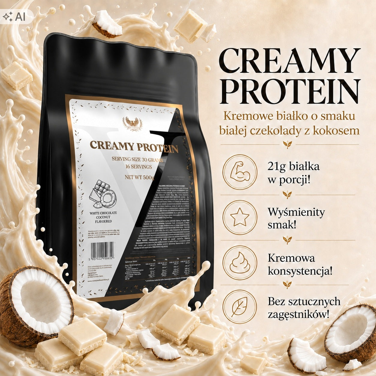 Creamy Protein WPC 70% Whey Protein 500g - White Chocolate Coconut - Victorious Packaging status original