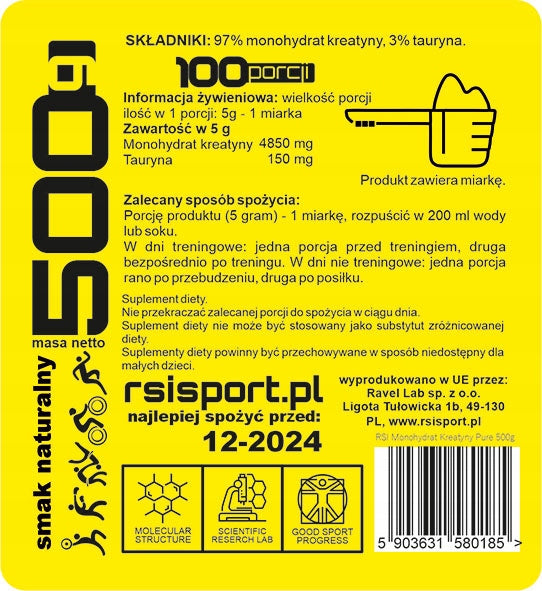 Creatine Micronized Monohydrate Powder Pure Taste of Nature RSIsport 500g Brand RSI
