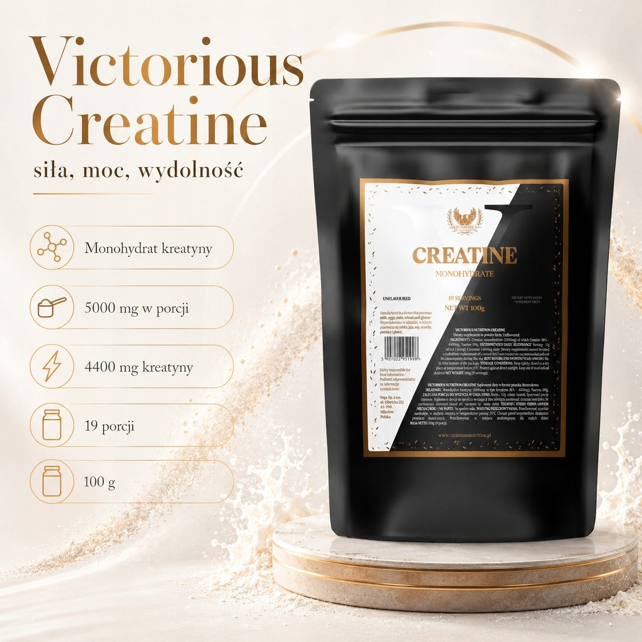 Creatine Monohydrate 100g Creatine Monohydrate 200 Mesh STUDIES Victorious Packaging status original
