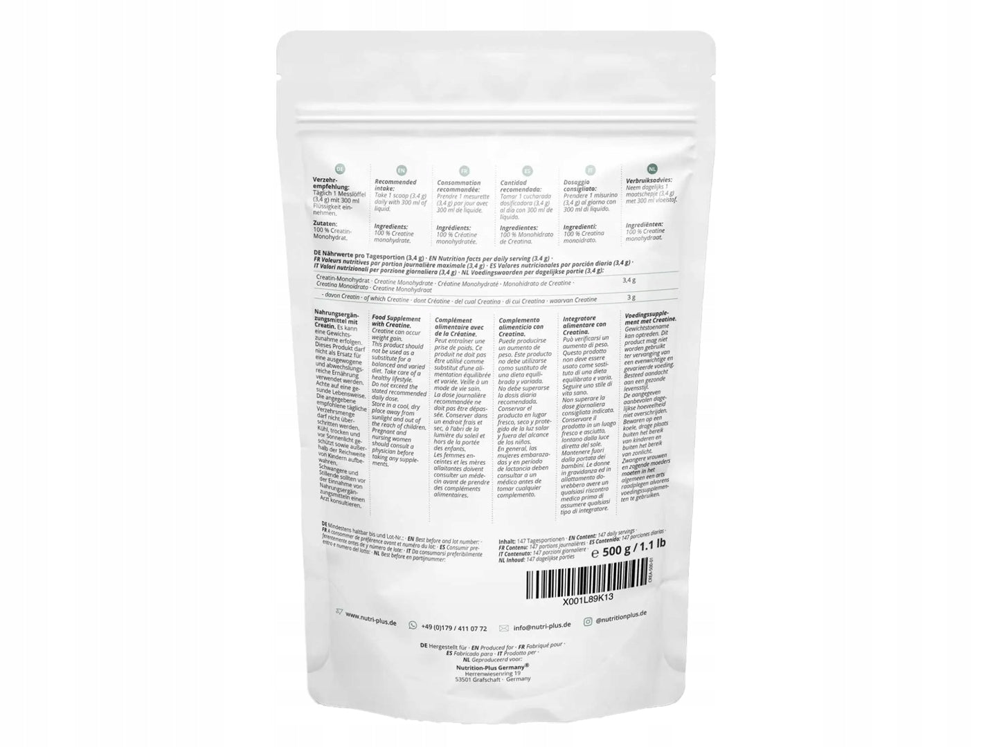Creatine Monohydrate 500g Pure VEGETABLE Nutri-Plus Packaging status original