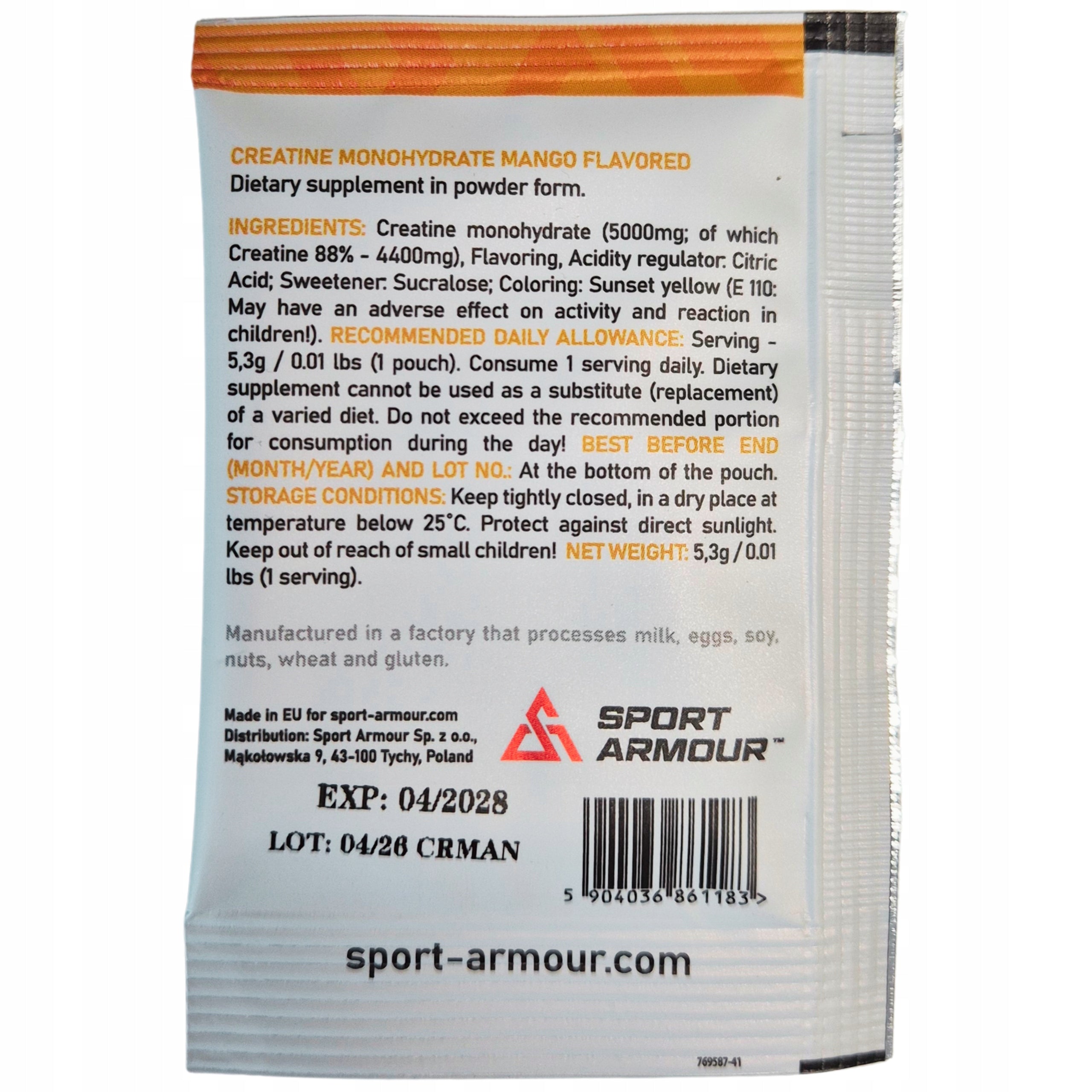 Creatine Monohydrate Sport Armour 5,3g Mango Sample Premium Creatine Pump Packaging status original
