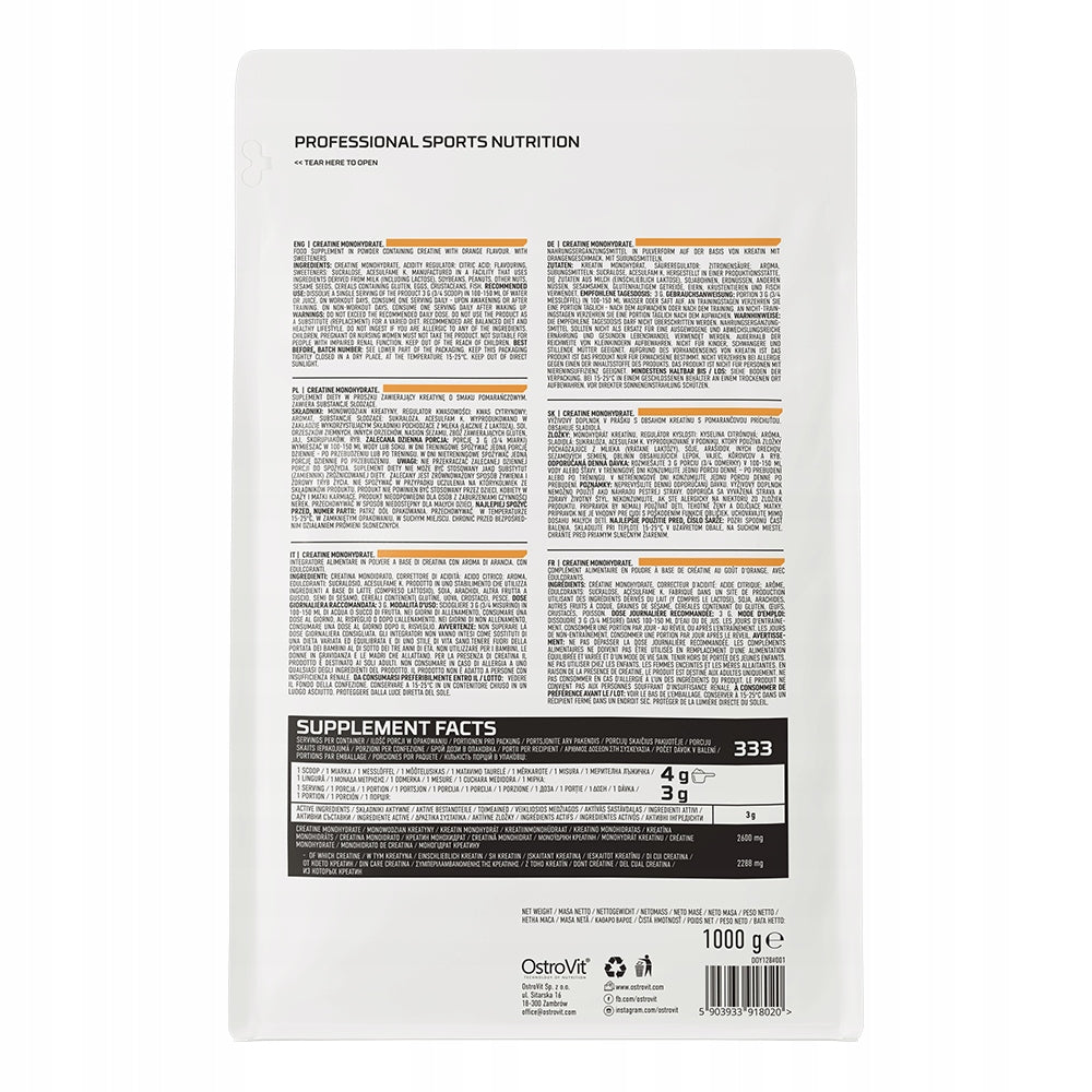 Creatine OstroVit Creatine Monohydrate 1000 g Creatine Monohydrate Packaging status original