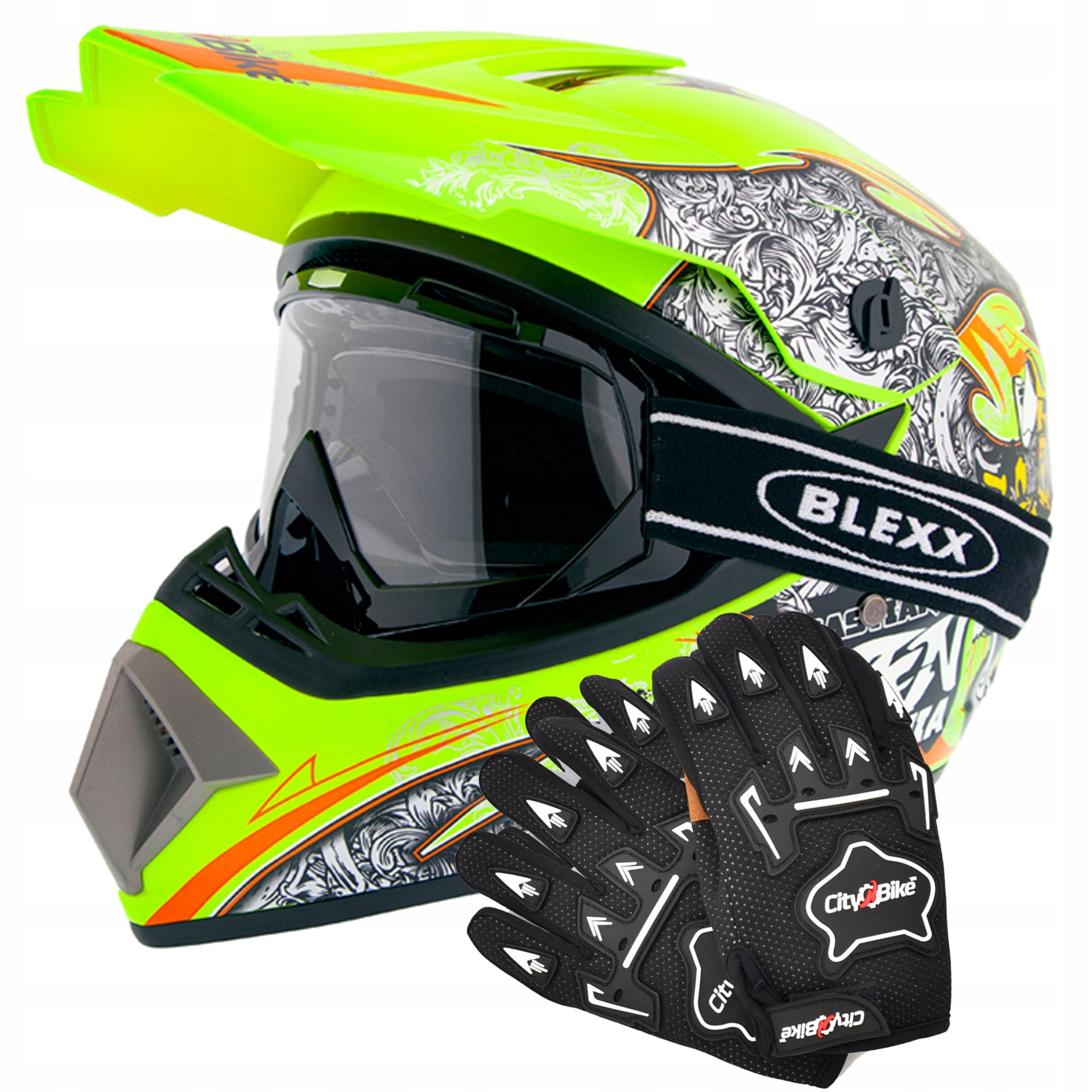 Cross helmet City-Bike 905 black yellow XS with goggles and gloves