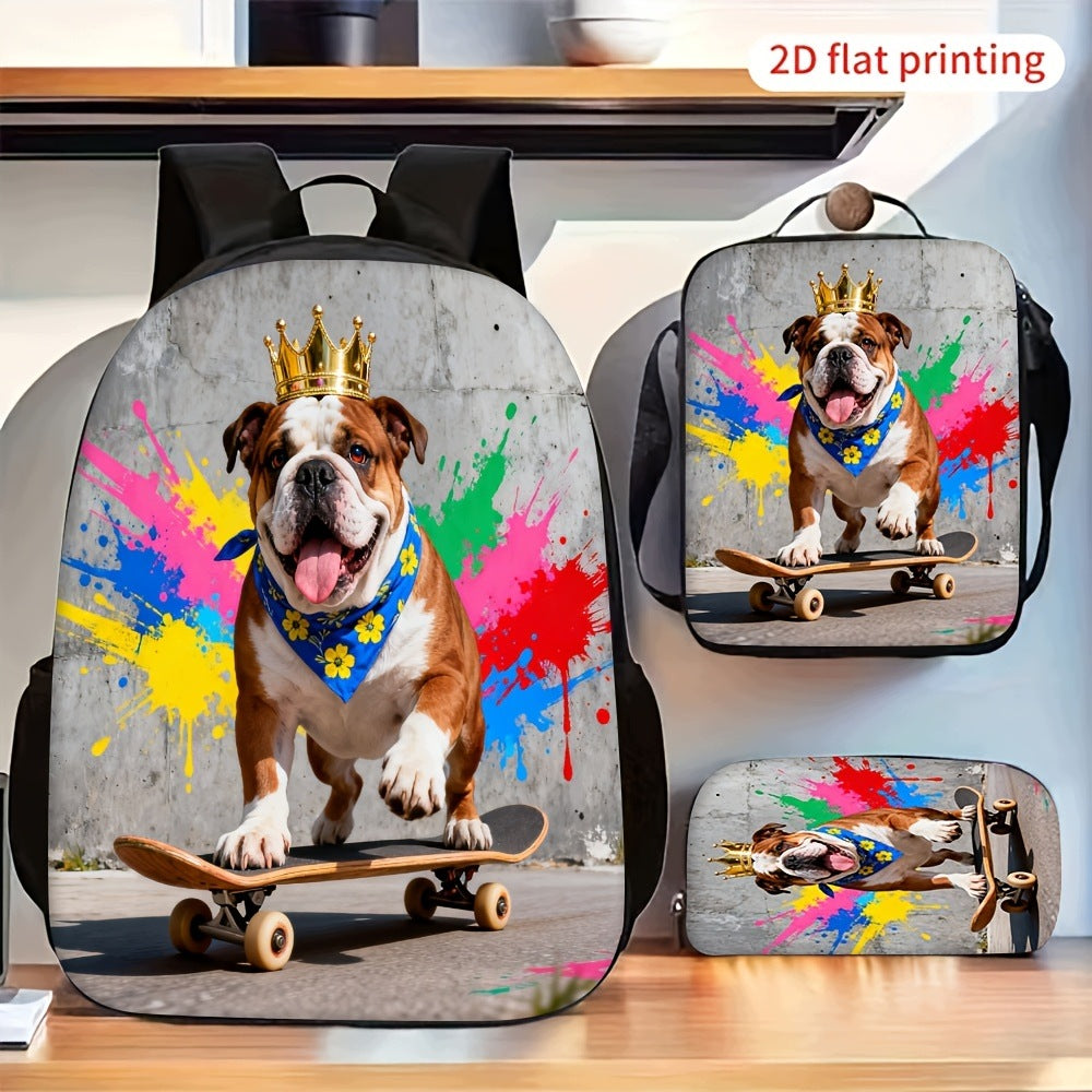 Crown Bulldog Skateboard Backpack Crossbody Bag & Pencil Case Set