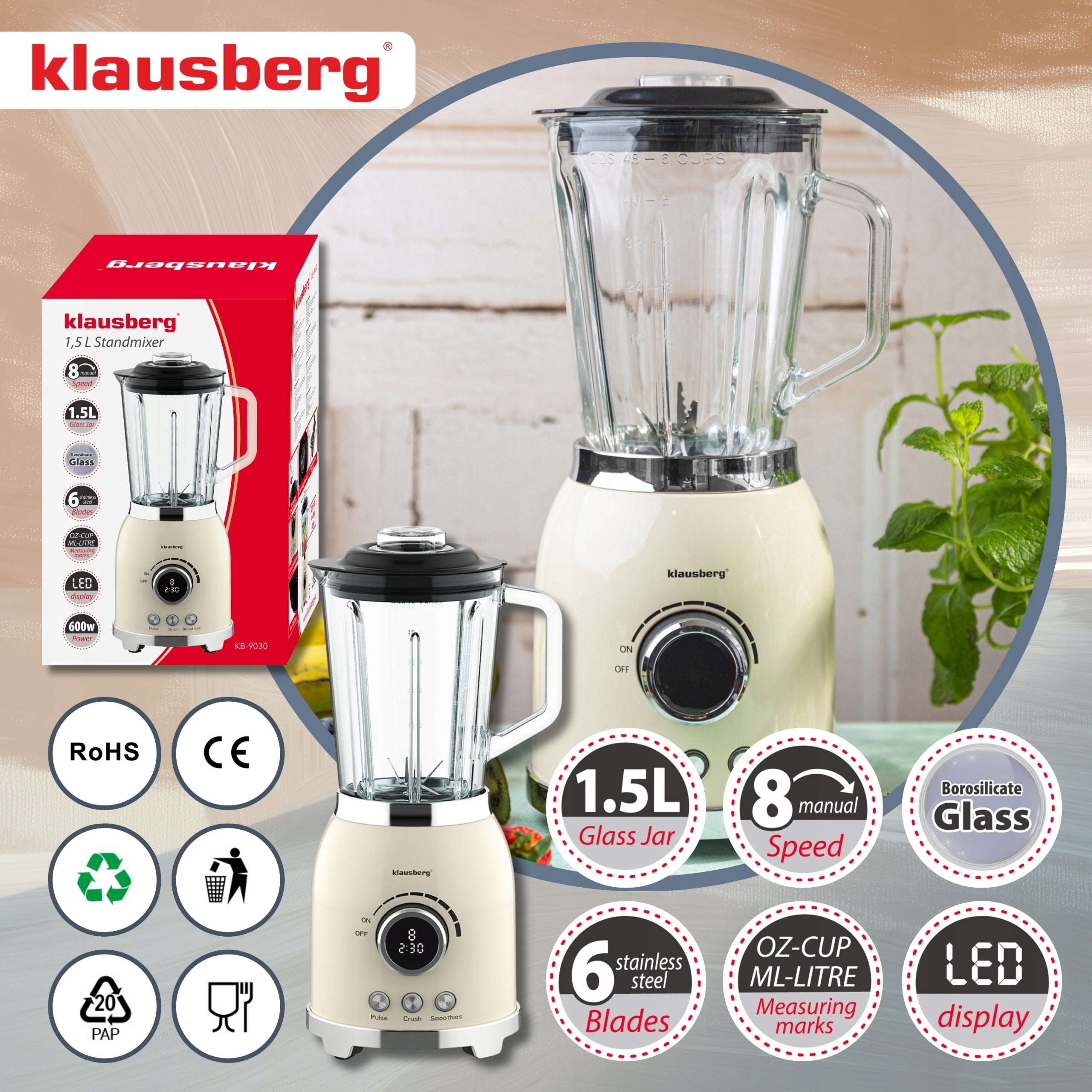 Cup Blender 1,5L 600W LED Smoothie Ice Crush Mixer KLAUSBERG Manufacturer code KB-9030