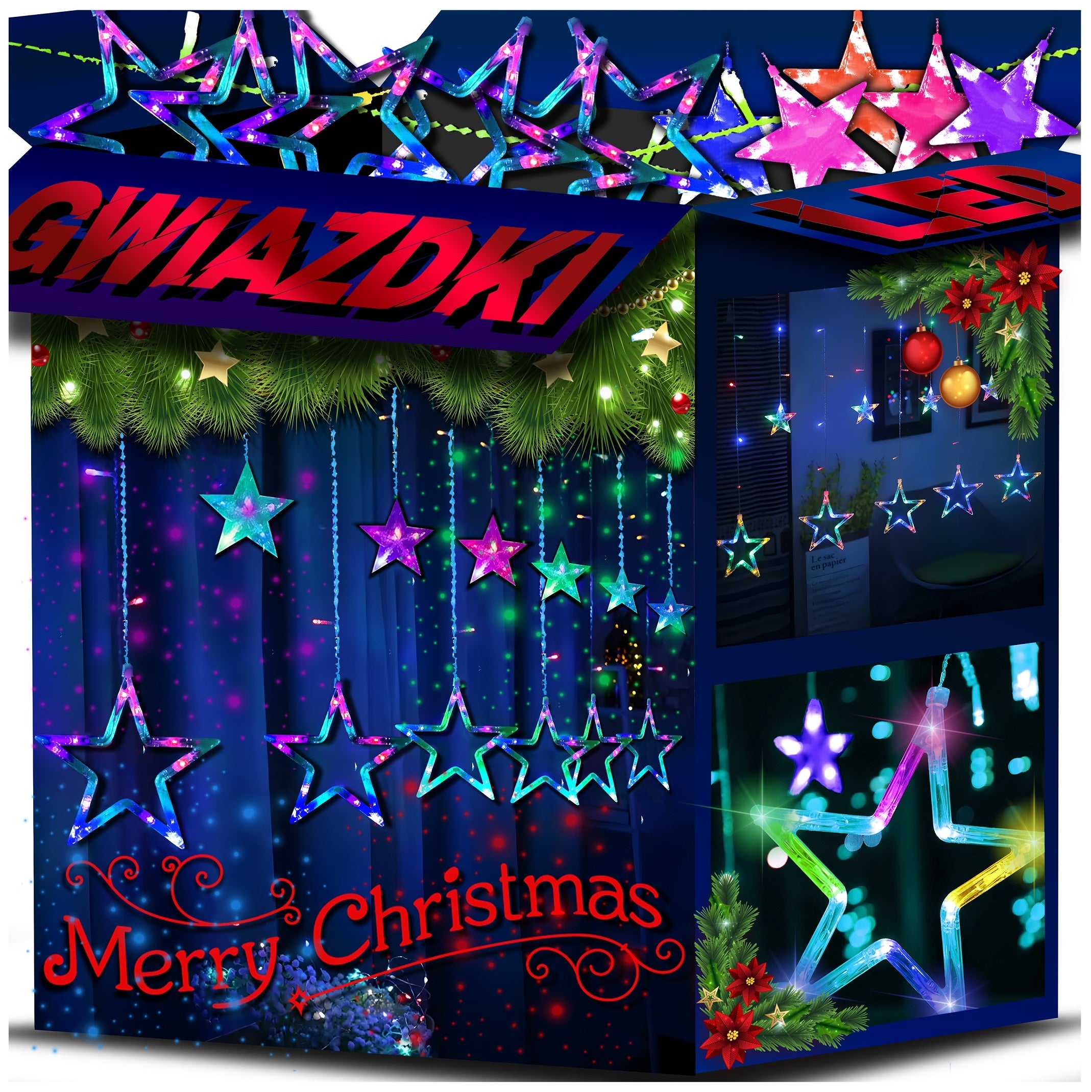 Curtain Light Stars LED Garland Lights for Christmas Tree Window COLORFUL