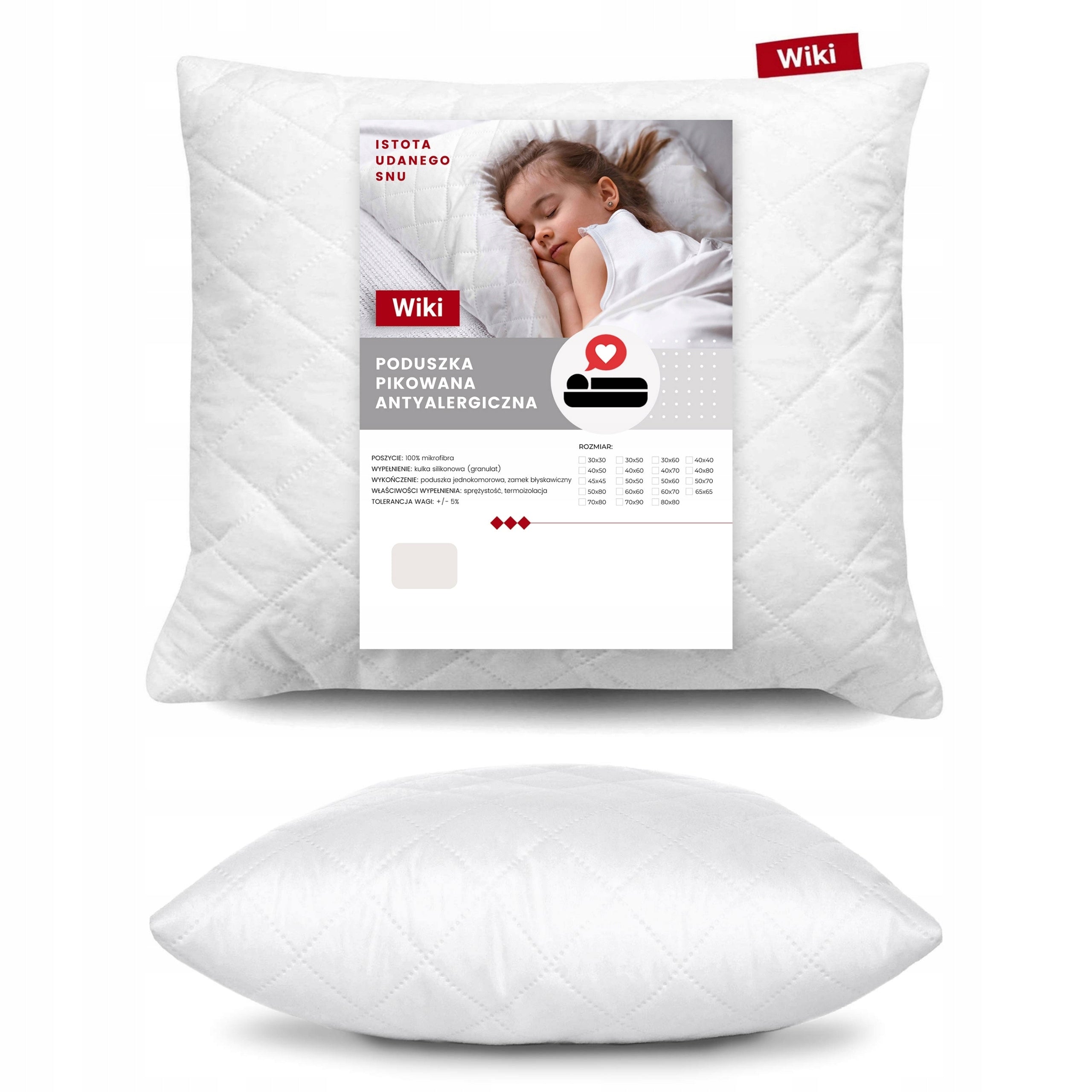 Cushion 70x80 anti-allergic quilted zipper thick white polish product EAN (GTIN) 5907087013853