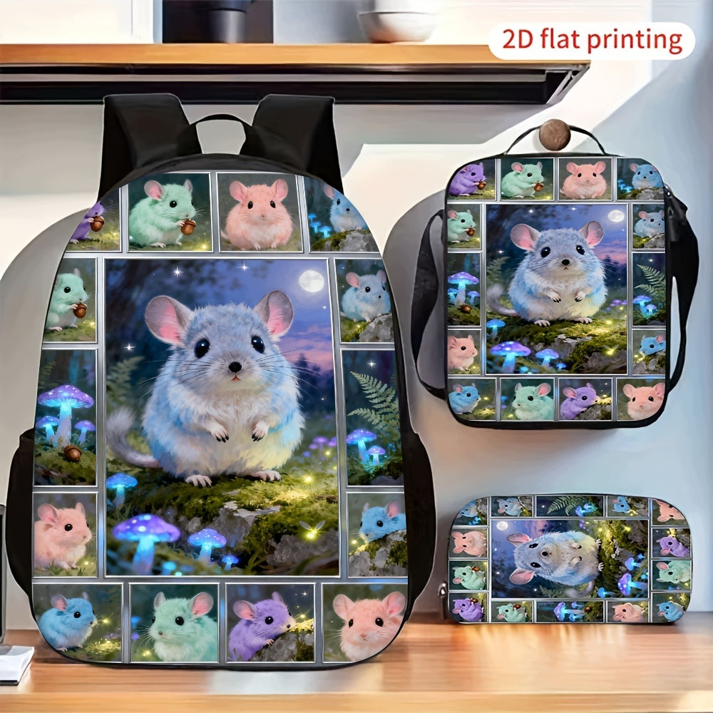 Cute Adorable Forest Chinchilla Collage Print Backpack Set Casual Daily