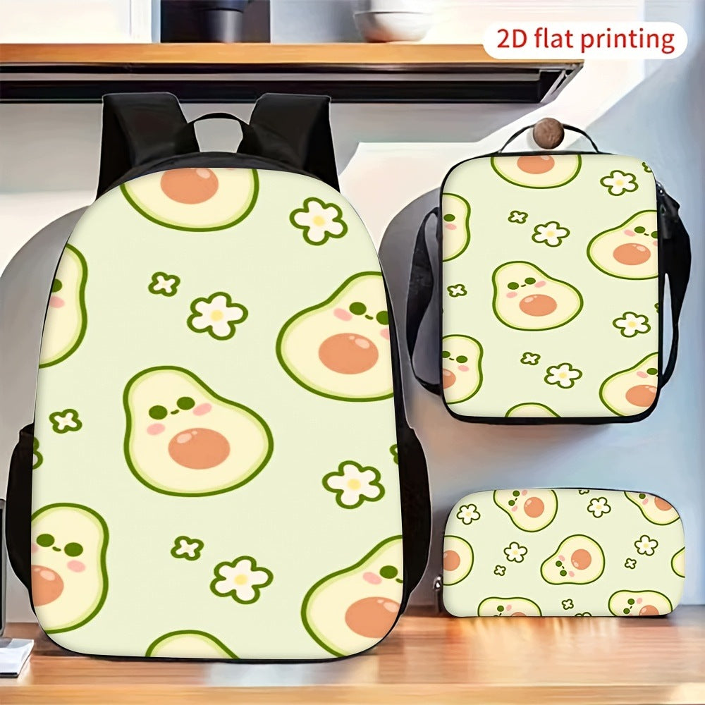 Cute Avocado Flower 3-Piece Backpack Set with Crossbody Bag