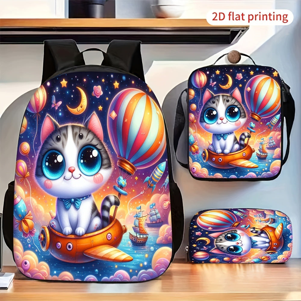 Cute Big Eye Cat Airship Star Moon Backpack Set Printed